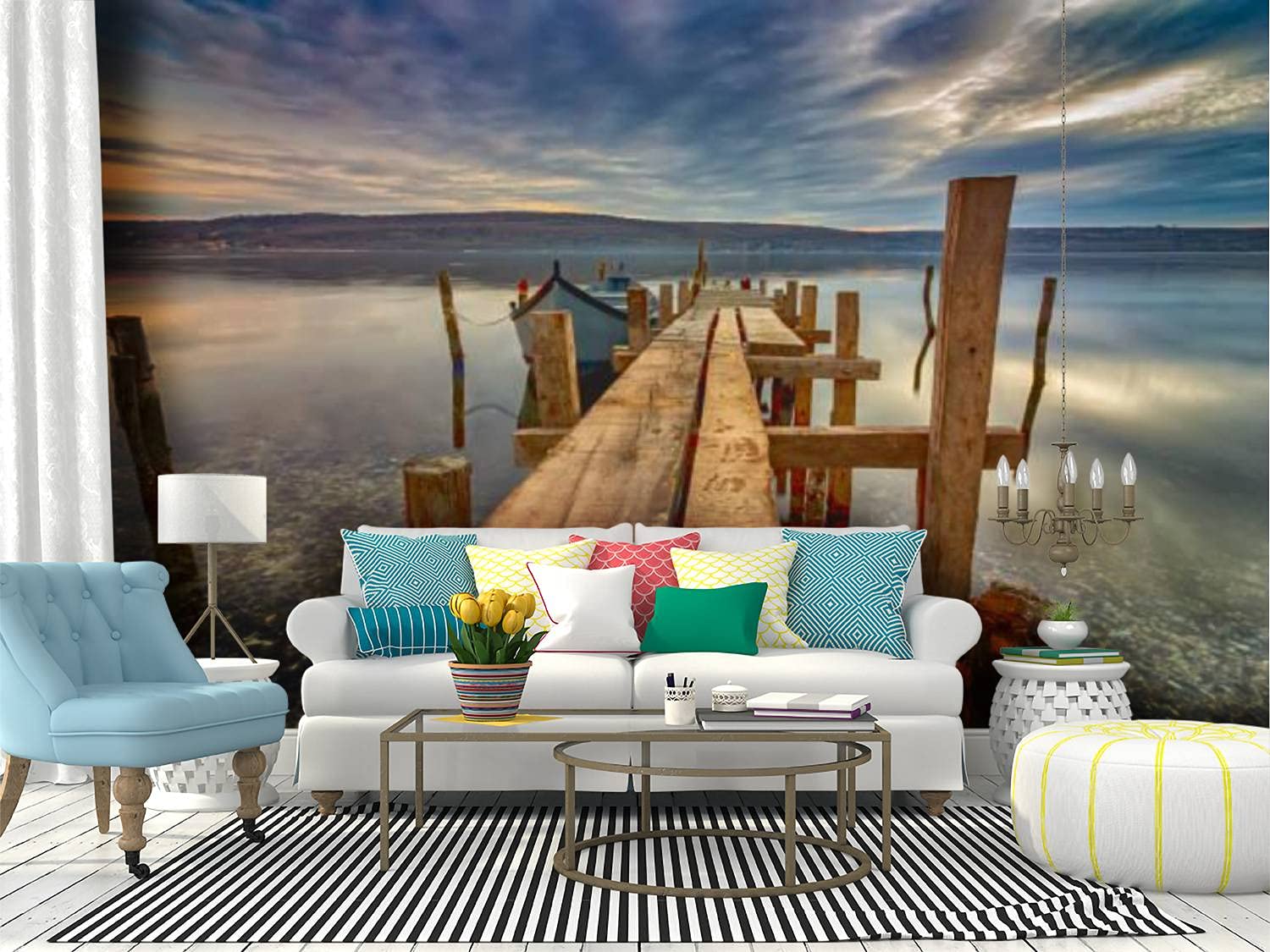 RECETHROWS Peel and Stick Wallpaper - Wooden Pier & Boat Lake Landscape Self-Adhesive Vinyl Wall Mural, Large Removable Wall Sticker for Home Decor, Bedroom, Living Room, Office