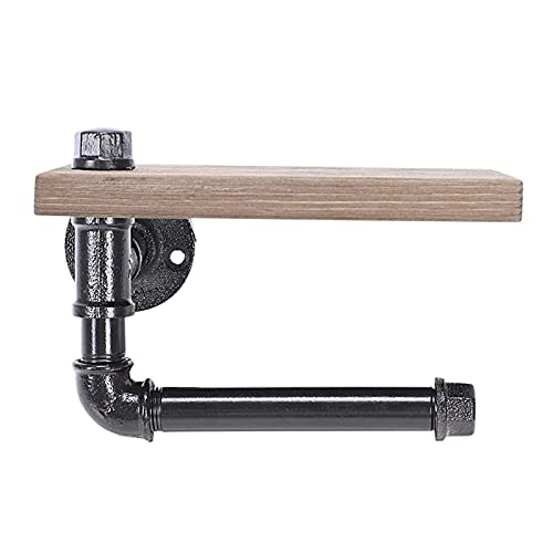 Vintage Iron Pipe Wall Mount Toilet Paper Holder with Wooden Storage Shelf - Multifunctional Retro Bathroom Organizer for Paper Towels & Essentials - Perfect for Farmhouse, Industrial, and Vintage Style Bathrooms