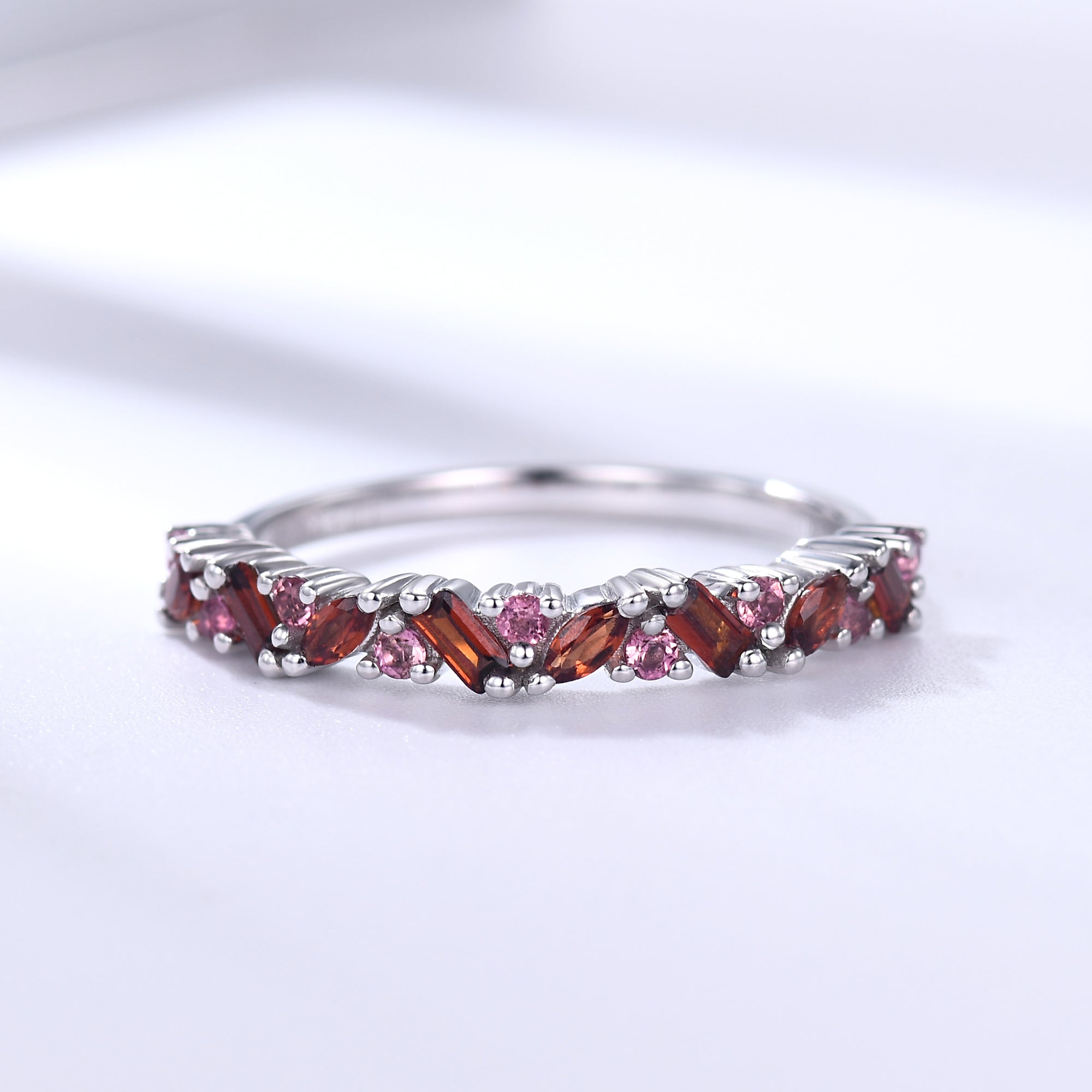Natural Red Garnet Cluster Wedding Band with Pink Sapphire Accents - Stackable Ring for Women & Family - Perfect for Bridal, Anniversary & Everyday Wear