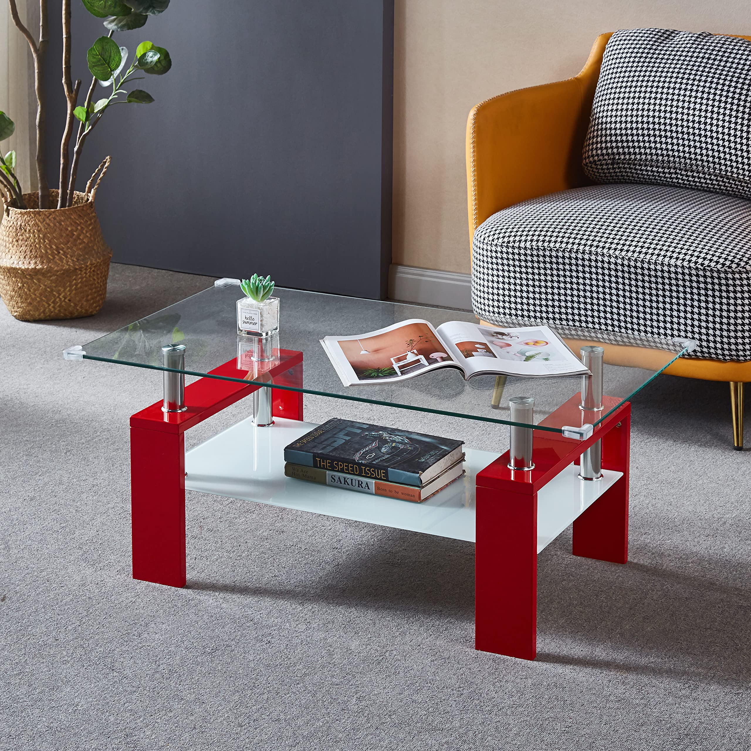 Modern Rectangle Glass Coffee Table with 2-Tier Design & Tempered Glass Top - Sturdy Wooden Legs in Red - Perfect for Living Room, Lounge & Office Decor