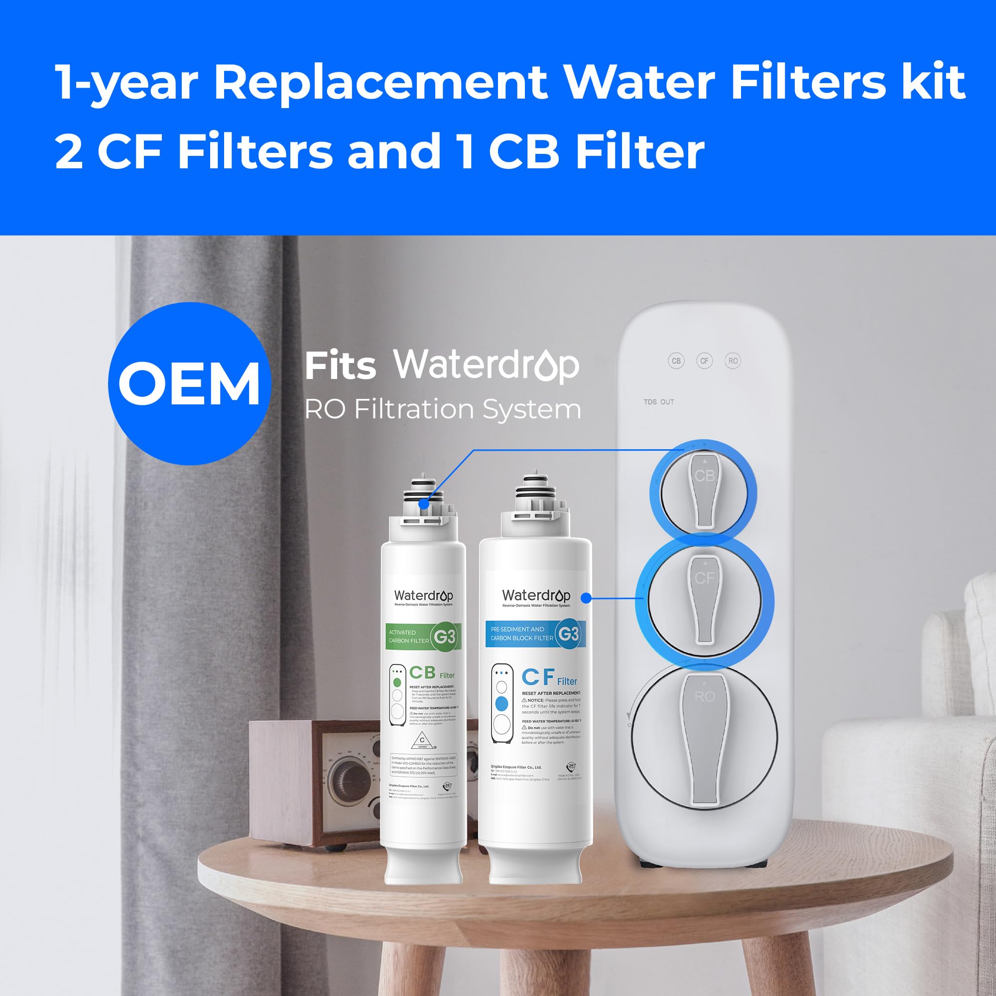 Waterdrop G3 Replacement Filter 1-Year Combo Pack - 2 WD-G3-CF Filters + 1 WD-G3-CB Filter - Compatible with WD-G3-W, WD-G3P600 & WD-G3P800-W RO Systems - Perfect for Clean Drinking Water at Home & Office