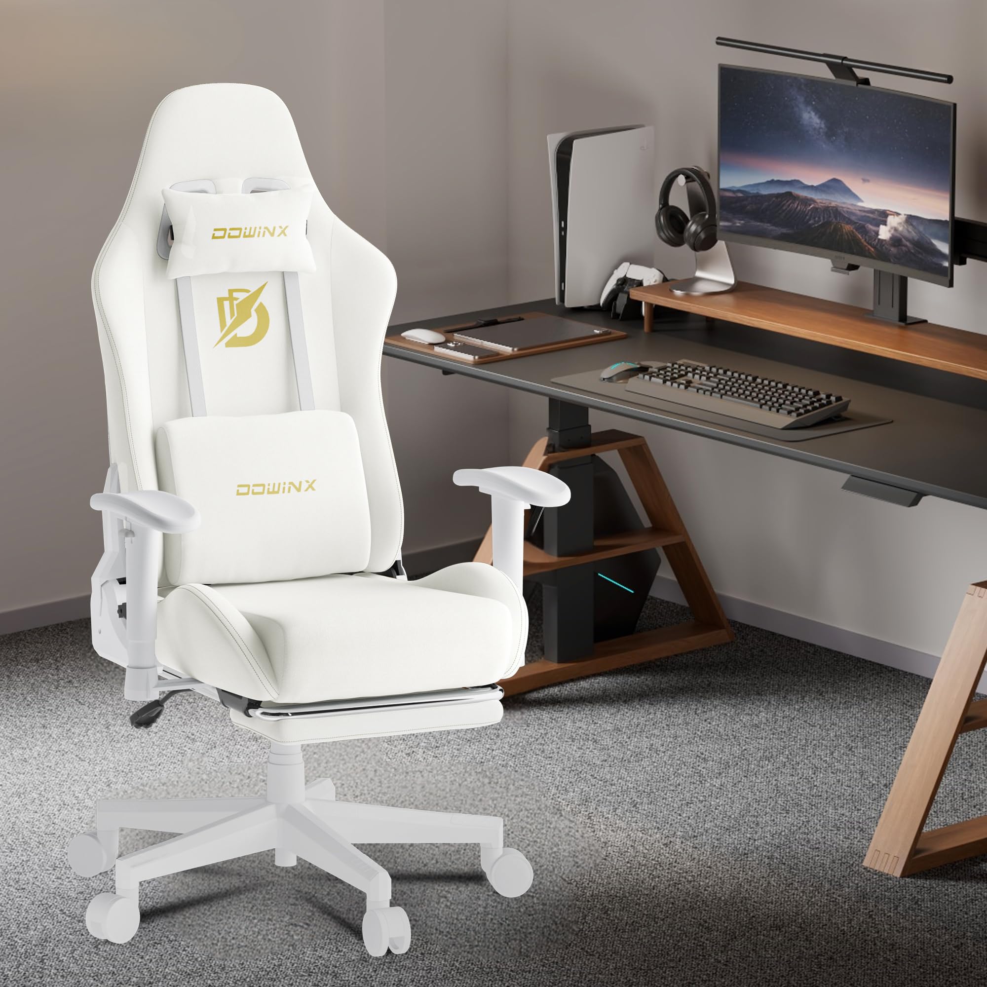 Dowinx Ergonomic Gaming Chair with Massage Lumbar Support & Footrest - High Back Reclining Computer Office Chair for Adults, Suede Fabric, Off-White - Perfect for Esports, Streaming & Home Office Workspace