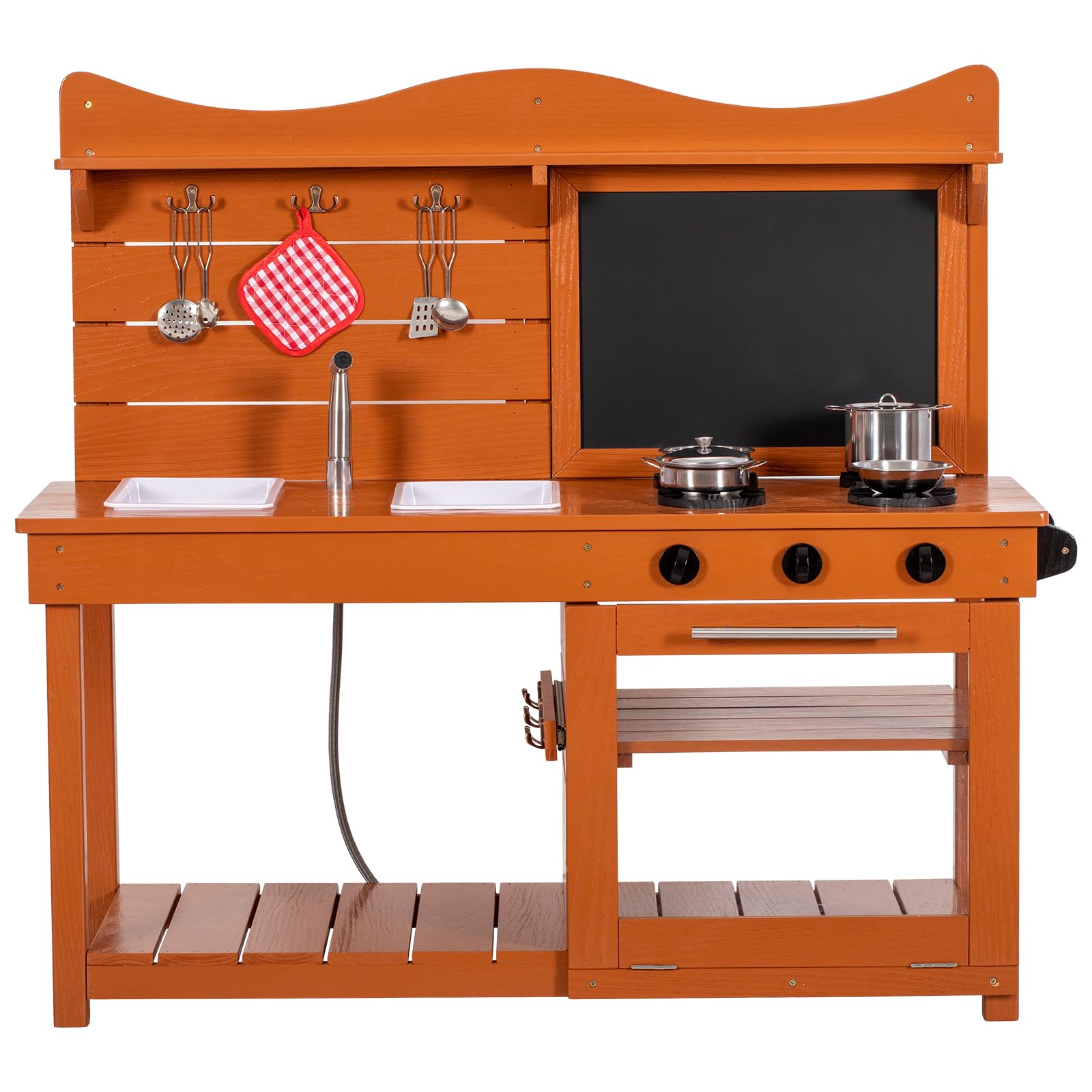 **Wooden Kids Mud Kitchen Playset with 2 Removable Sinks, Spray Pipe, Blackboard & Kitchenware - Outdoor Pretend Play Toy for Toddlers, Boys & Girls - Perfect for Backyard, Garden & Imaginative Play**