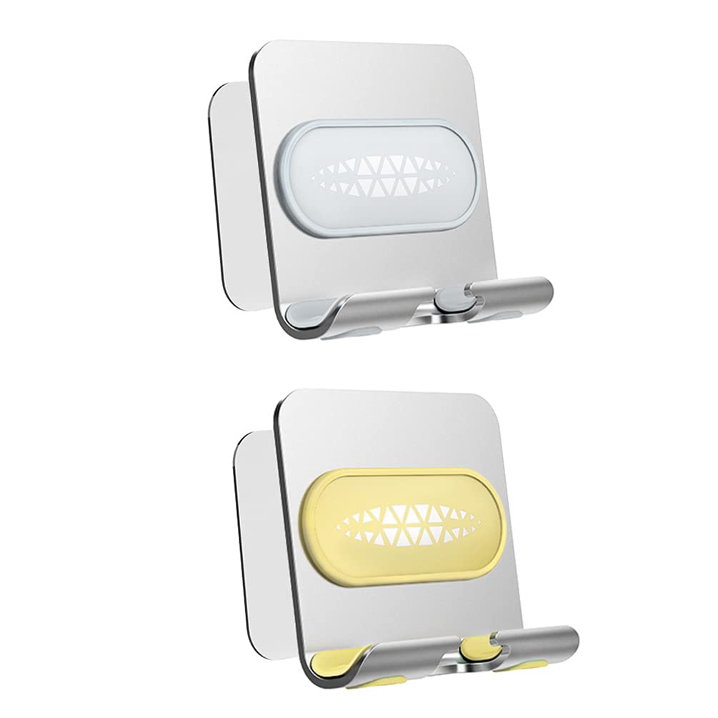 2Pcs Wall Mounted Phone Holder with Adjustable Stand - Self-Adhesive Shower Phone Mount for iPhone, Samsung, Tablets (Yellow & Light Grey) | Perfect for Bathroom, Kitchen, Office & Car Use