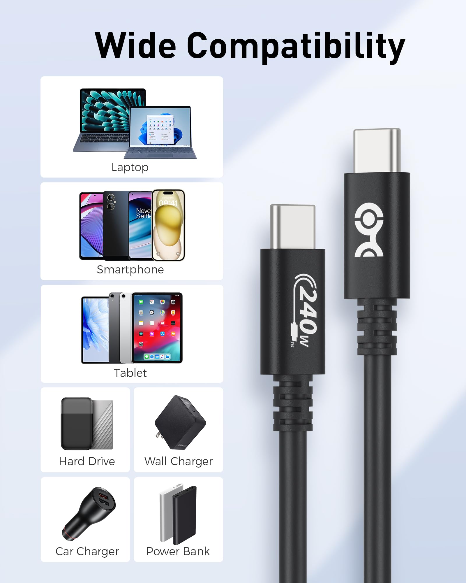 USB-IF Certified 240W USB C to USB C Cable 6.6ft (2m) - PD 3.1 Fast Charging for MacBook Pro, Dell XPS, iPad Pro - High Speed Charger Cable for Laptops, Phones & Tablets - Office, Travel & Home Use (Black, USB 2.0)