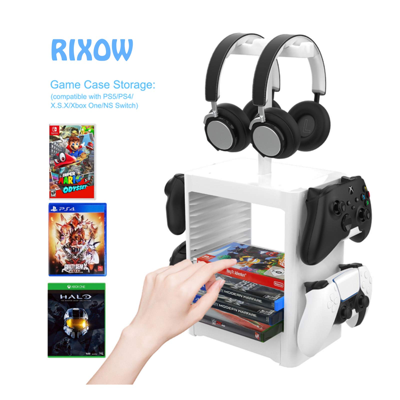 RIXOW PS5 Game Storage Stand - Holds 10 Games, 4 Controllers & 2 Headsets - Universal Organizer for PlayStation 5/PS4/Slim/Pro - Perfect for Gaming Setup & Media Storage