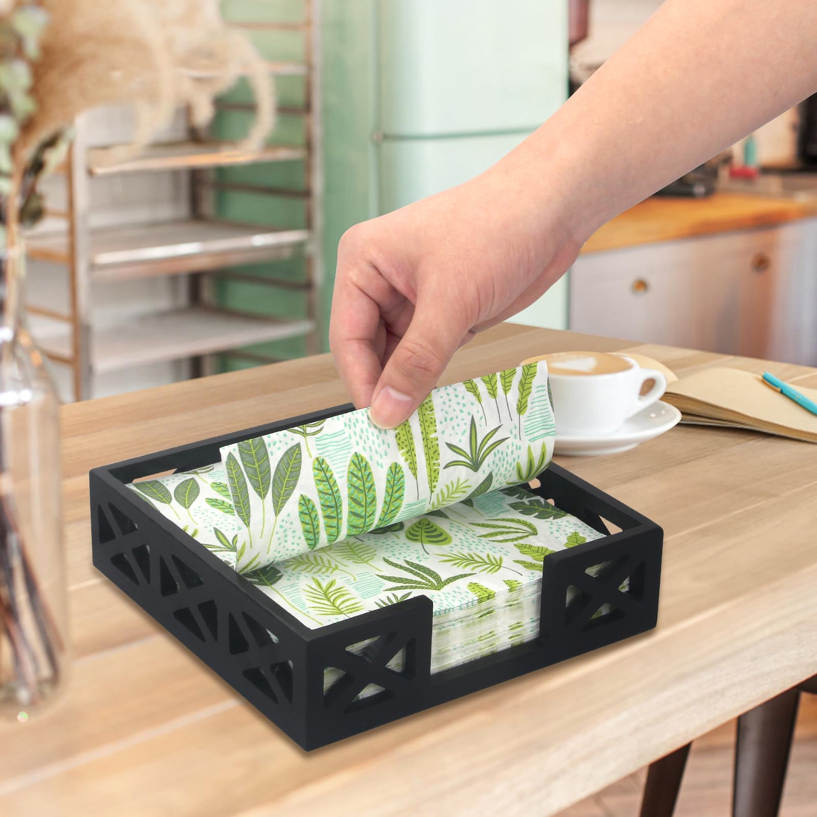 Square Wooden Boho Napkin Holder - Flat Table Tray for Paper & Cloth Napkins, Kitchen & Bathroom Counter Organizer - Perfect for Dining Table, Cocktail Party & Home Decor