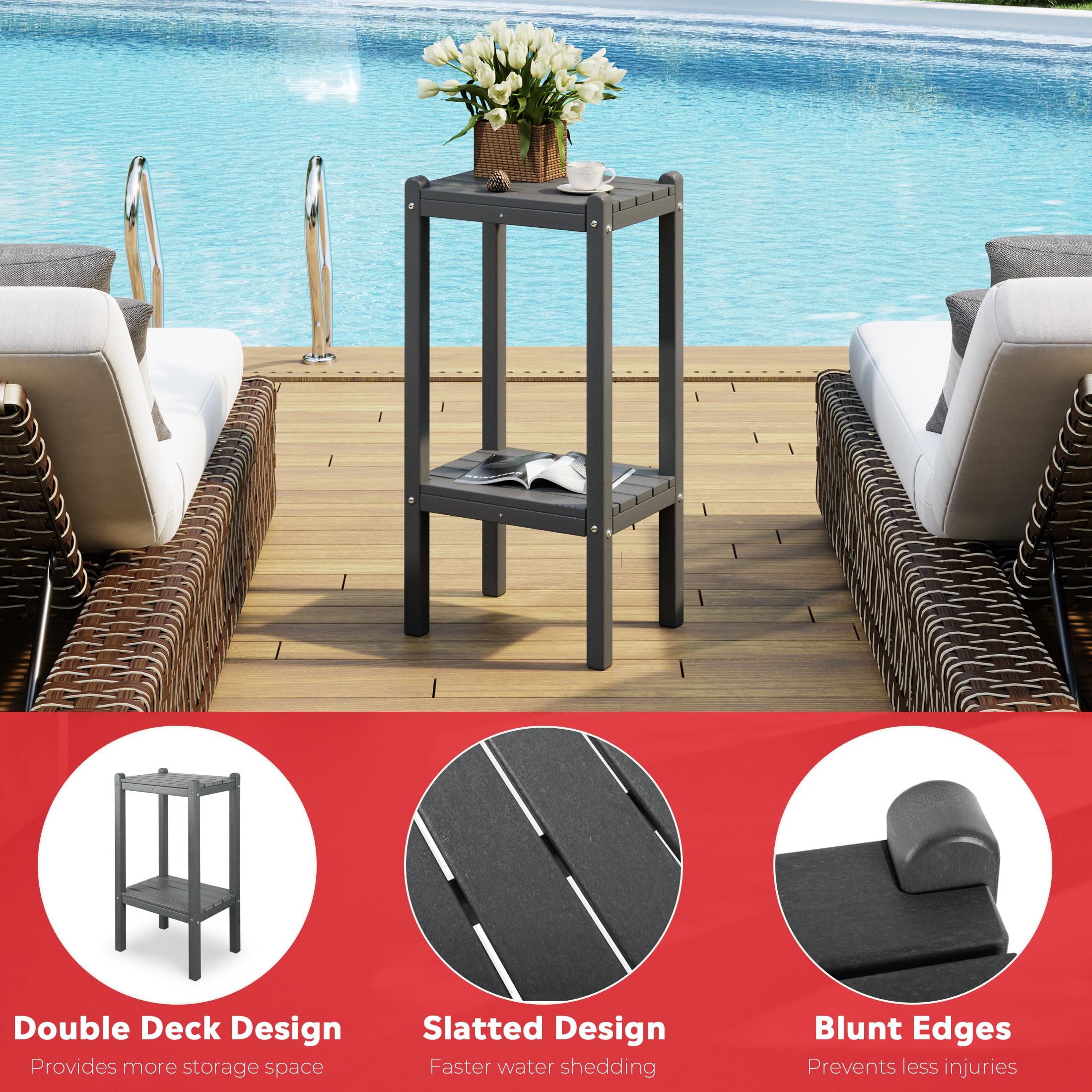 2-Tier Outdoor Side Table - Small Patio Coffee & End Table for Pool, Porch, Garden - Turquoise Adirondack Style Outdoor Furniture for Relaxing by the Poolside or Enjoying Morning Coffee on the Porch