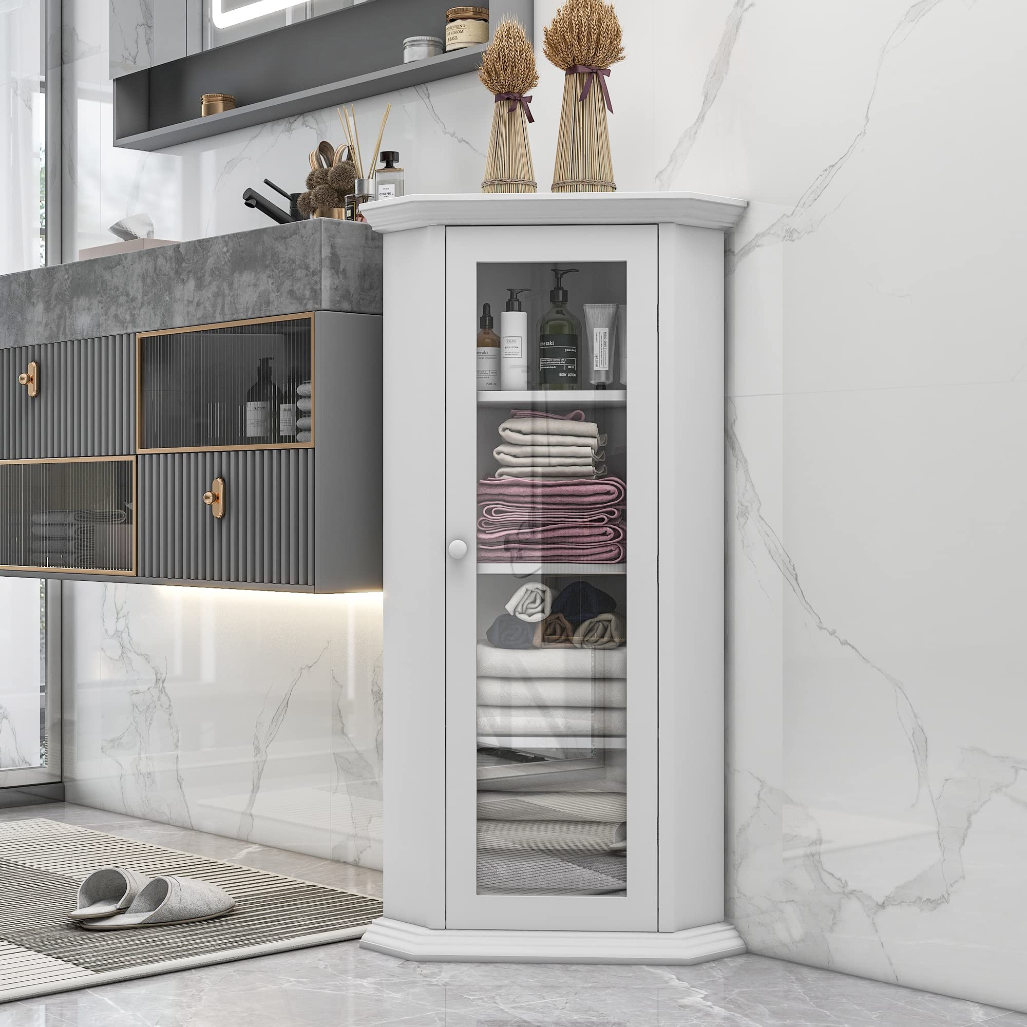Affeivul Tall Corner Cabinet with Glass Door - Free Standing Bathroom Storage Cabinet with Removable Shelves for Bathroom, Bedroom & Kitchen - White - Perfect for Small Space Organization & Home Decor