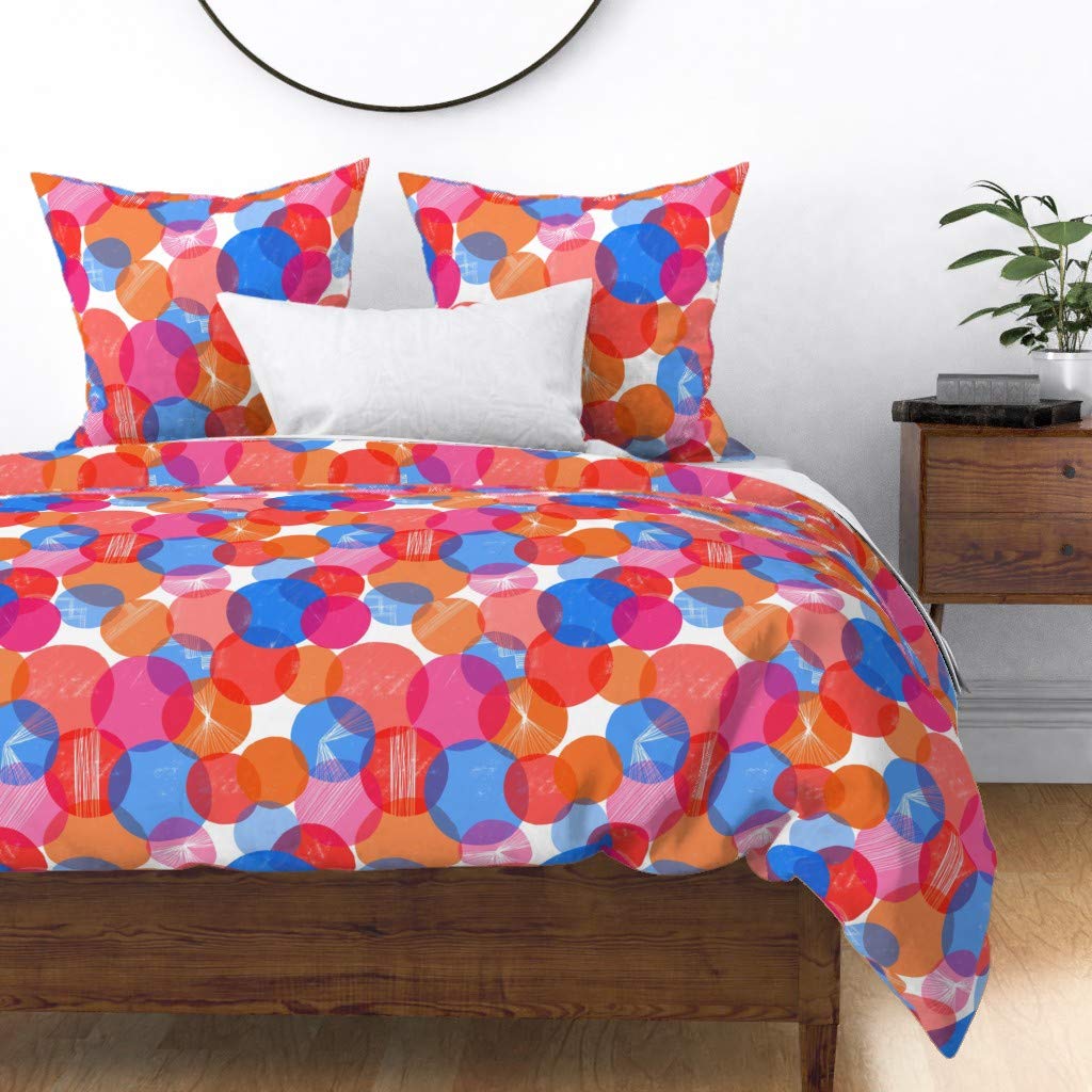 Bauhaus Bubbles Pink Orange Blue Geometric Duvet Cover Twin - 100% Cotton Sateen Custom Bedding Set for Modern Home Decor | Abstract Circle Print Luxury Bedroom Essentials