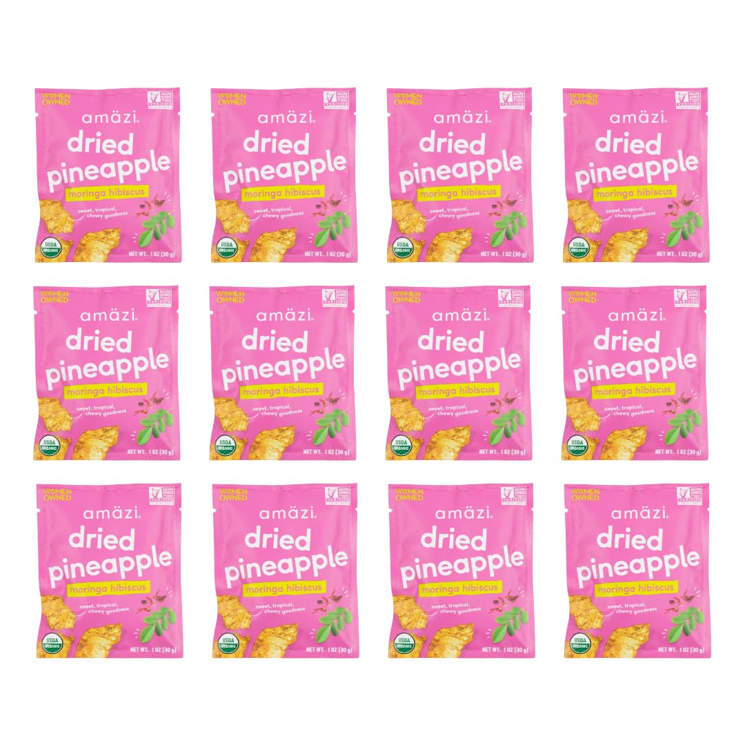 Amäzi Foods All Natural Dried Pineapple with Moringa Hibiscus - 12 Pack | No Sugar Added Dehydrated Fruit Snacks | Perfect for Travel, Hiking & Healthy On-the-Go Eating