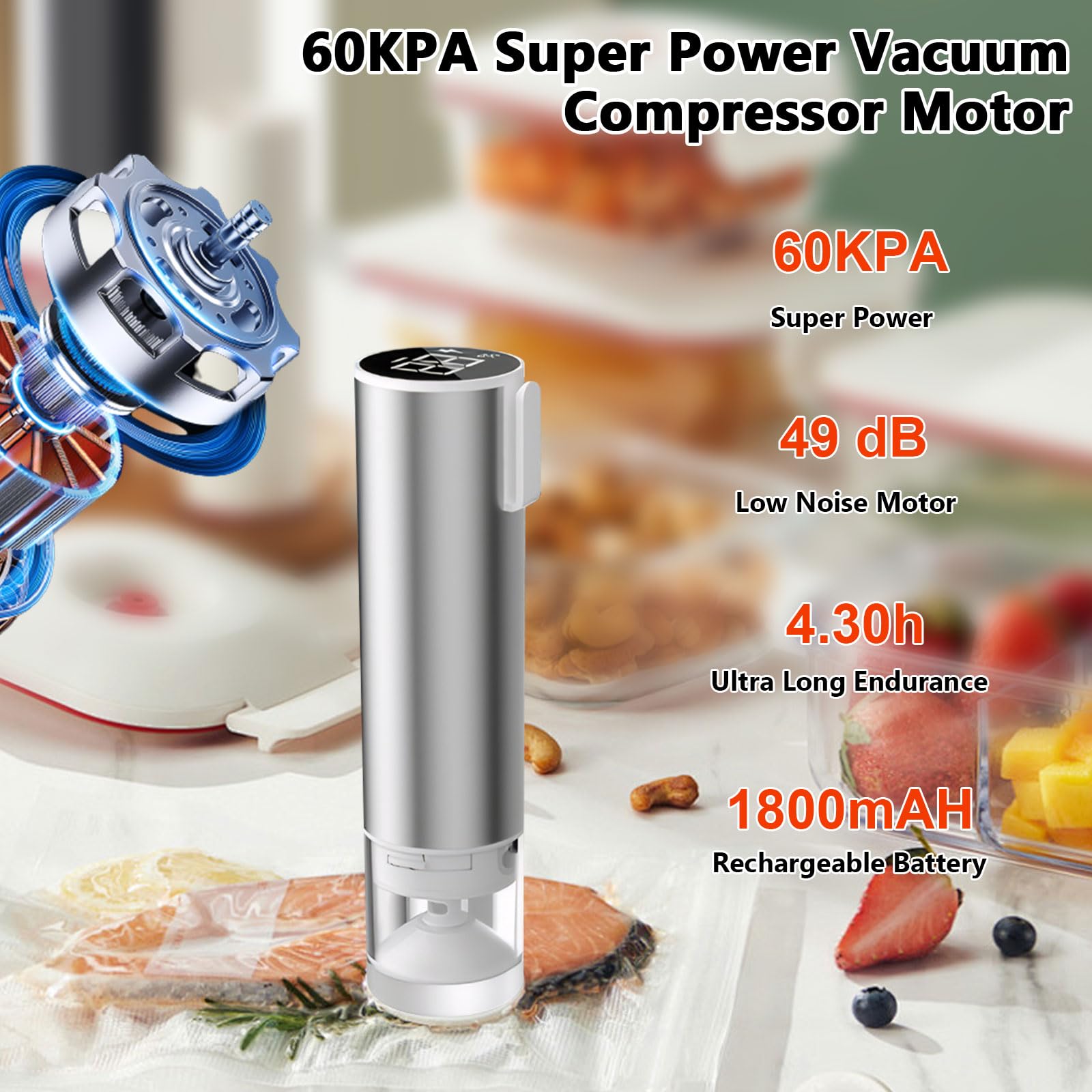 CJC Portable 4-in-1 Cordless Handheld Vacuum Sealer for Food Storage - 60Kpa Strong Suction, 1800mAh Rechargeable Battery, 35 Min Runtime - Electric Mason Jar & Food Sealer with 10 Reusable Bags - Perfect for Kitchen, Camping, Meal Prep & Sous Vide Cooking