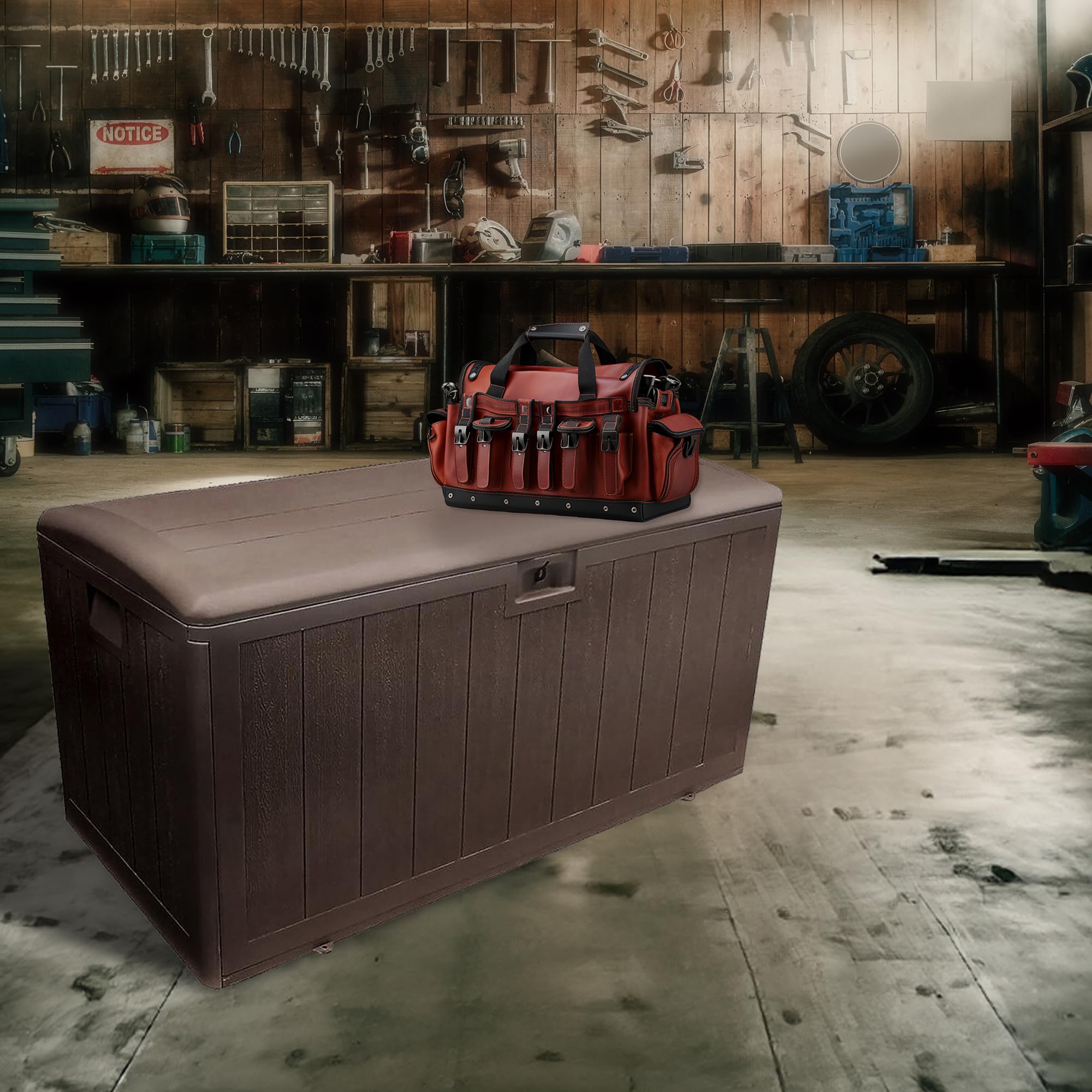 Plastic Development Group 105 Gallon Outdoor Storage Deck Box with Soft Closure - Java Brown - Perfect for Patio, Garden, and Backyard Organization
