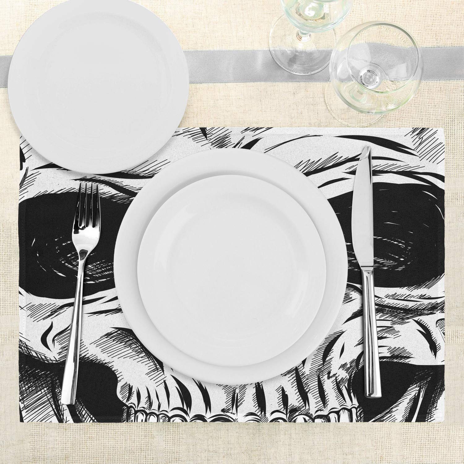 Ambesonne Halloween Place Mats Set of 4 - Gothic Skull Face & Skeleton Illustration Washable Fabric Dining Table Mats - Black & White Standard Size - Perfect for Spooky Dinner Parties & Halloween Decor