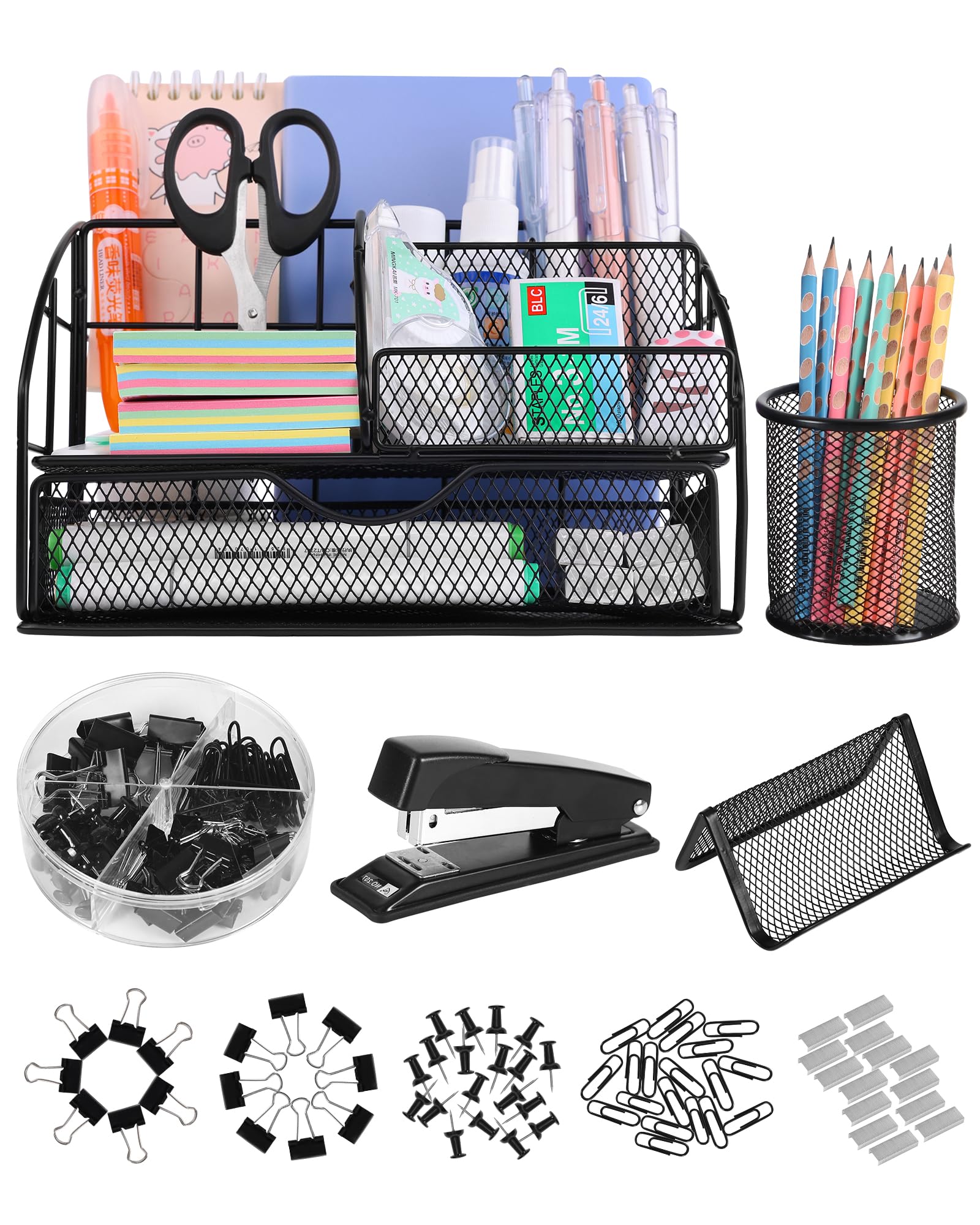 Black Desk Organizer Set with Pen Holder, Stapler & 72 Clips - Premium Office Supplies for Desk Organization - Perfect for Home, School & Office Workspaces