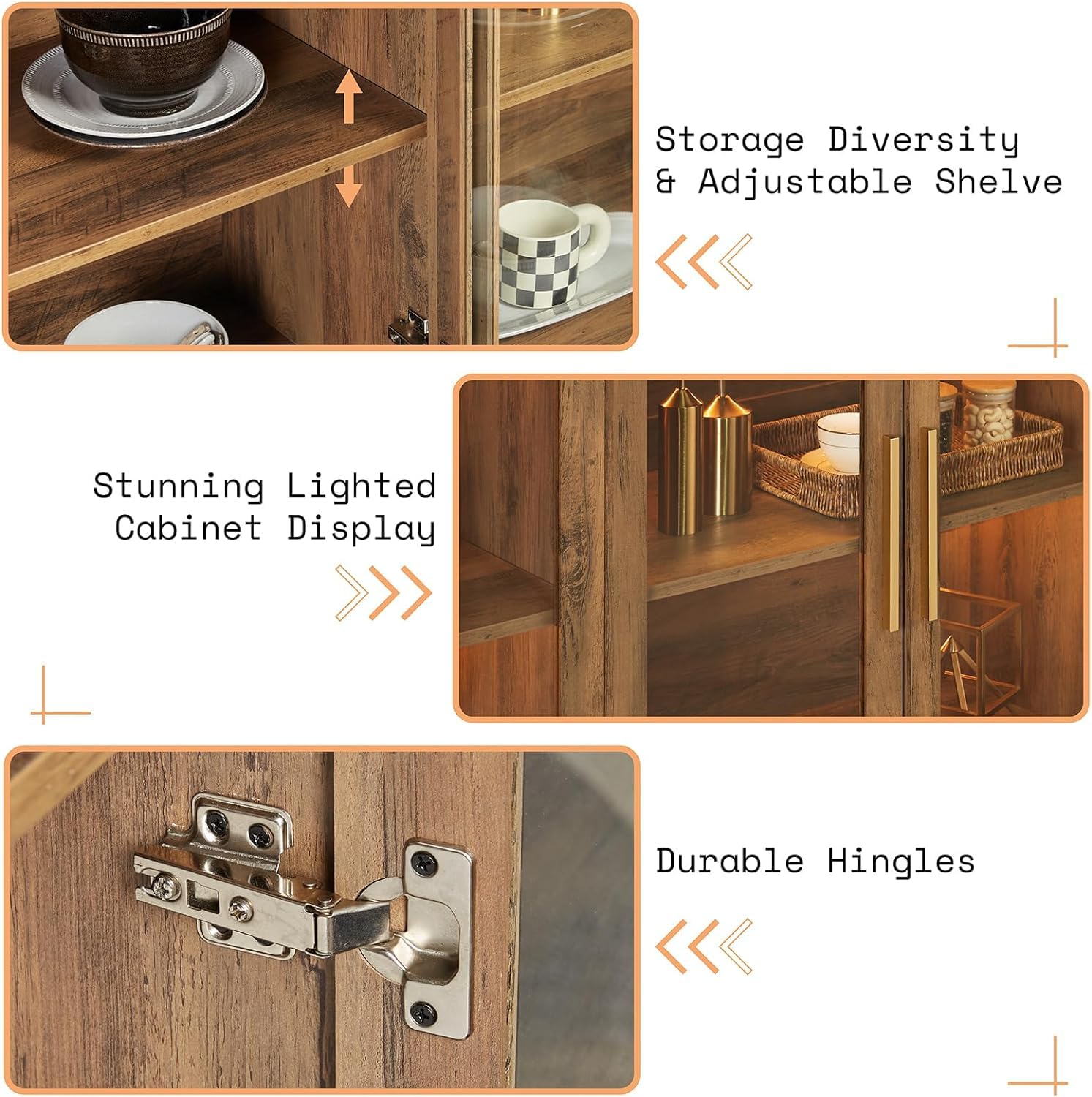 AMERLIFE Modern Sideboard Buffet Cabinet with LED Lights & Glass Doors - Adjustable Shelf Storage Console Table for Dining & Living Room - Barnwood & Brown Accent Furniture (Perfect for Home Decor, Entertaining & Displaying Collectibles)