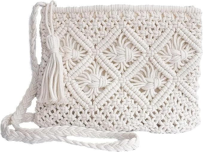 Saaz Cotton Macrame Tote Bag for Women - Handmade Knitted Shoulder Bag, Lightweight Hollow Beach Bag, White - Perfect for Shopping, Travel & Beach Outings