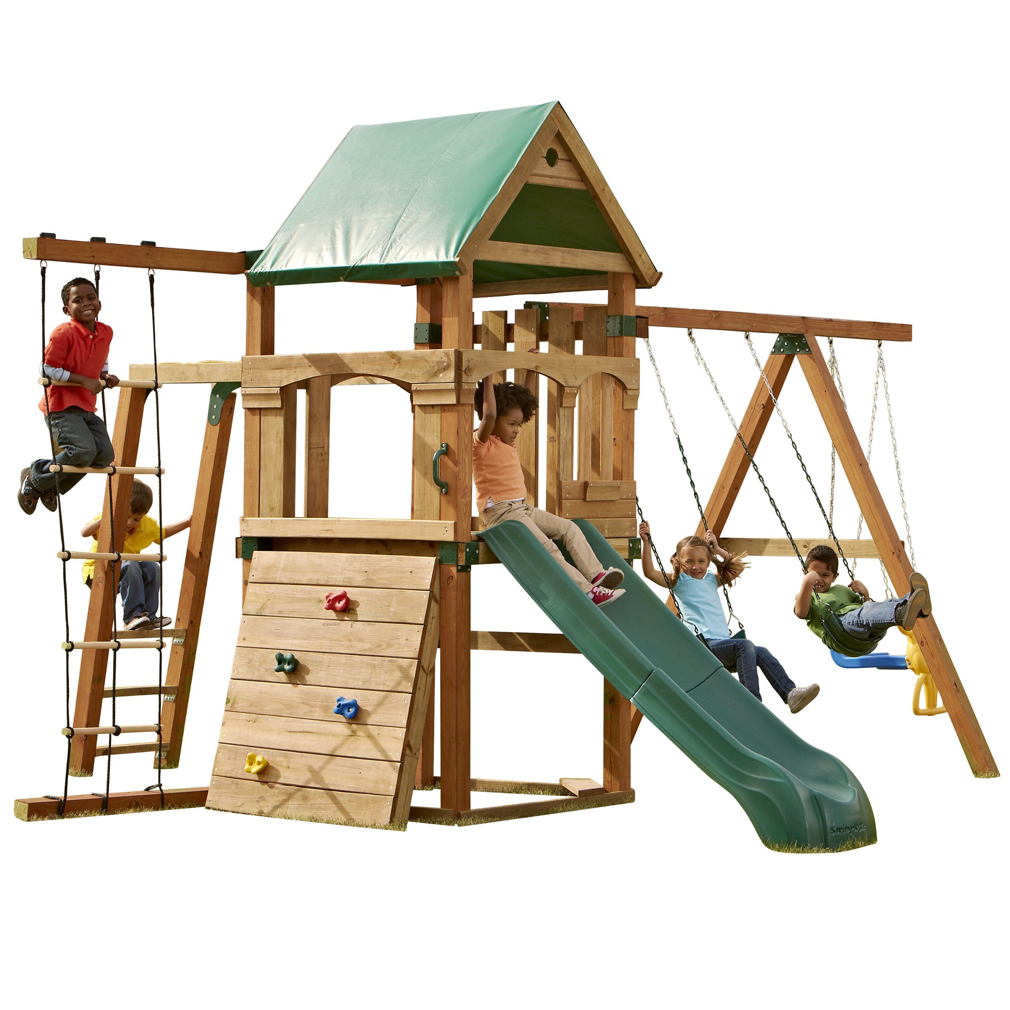 Swing-N-Slide PB 8320N Trekker Wooden Swing Set with Slide, Monkey Bars, Climbing Wall & Swings - Green Outdoor Playset for Backyard Fun (4x4 Uprights Not Included) | Perfect for Kids Playground, Garden, and Family Outdoor Activities