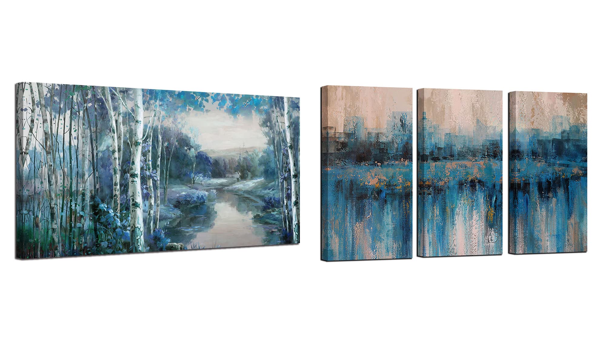 48x24 Inch Blue Tree Landscape Canvas Wall Art & 16x32 Inch Textured Cityscape Abstract Painting - Modern Home & Office Decor for Living Room, Bedroom, Office