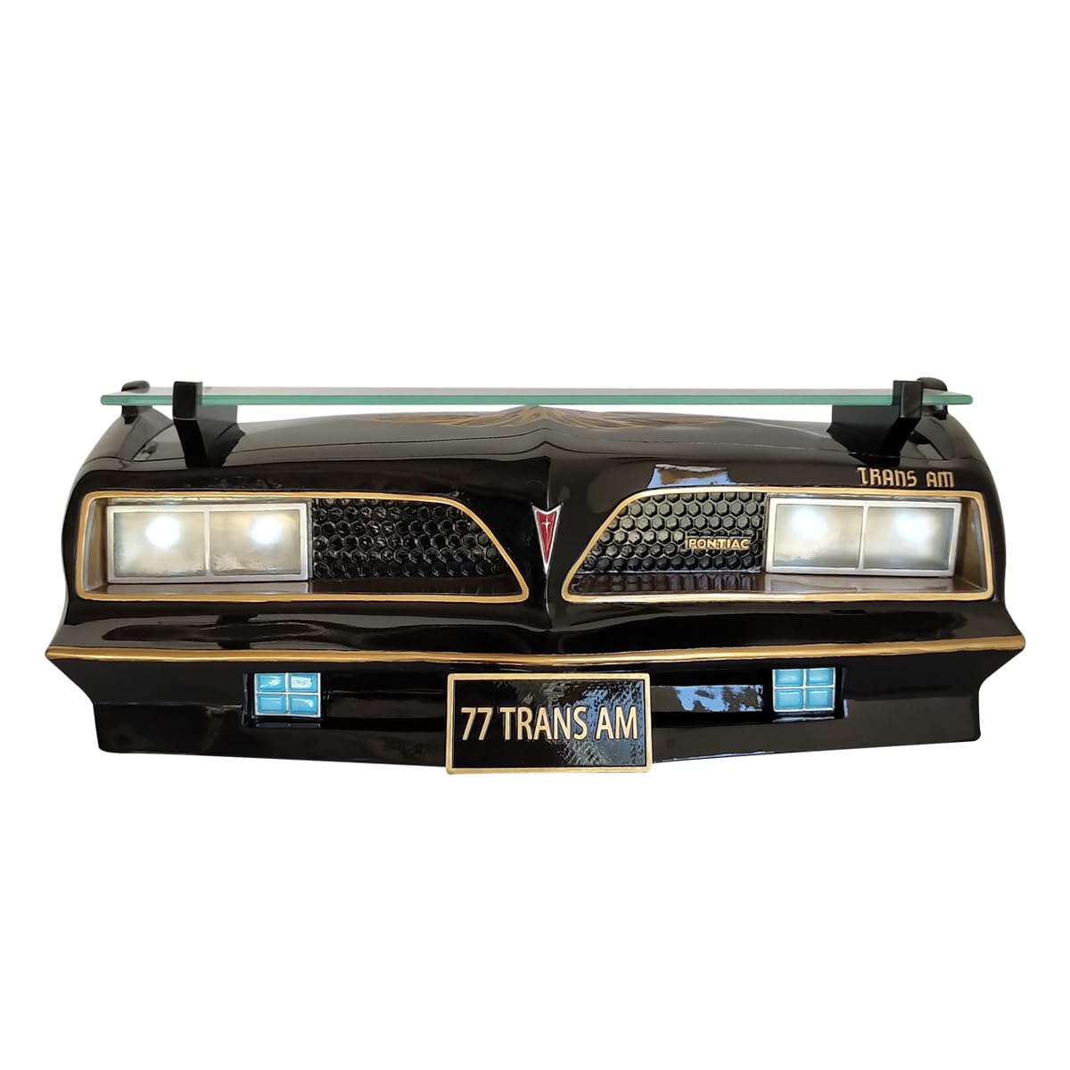 Sunbeltgifts 1977 SE Pontiac Trans AM Wall Floating Shelf - Black & Gold Tempered Glass Display with Battery-Powered LED Headlights (19x7.1x7.2 Inches) - Perfect Classic Car Decor for Pontiac Collectors & Auto Enthusiasts - Ideal for Man Cave, Garage, or Office Display