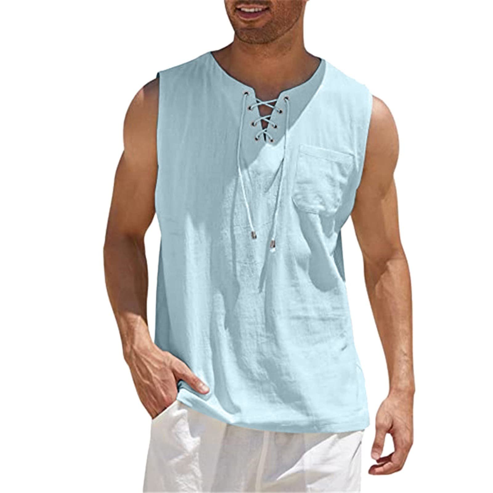 Men's Linen Cotton Sleeveless V-Neck Tank Top - Breathable Summer Casual Tee with Pockets for Beach, Gym & Outdoor Activities | Hippie Style Lace-Up Muscle Shirt
