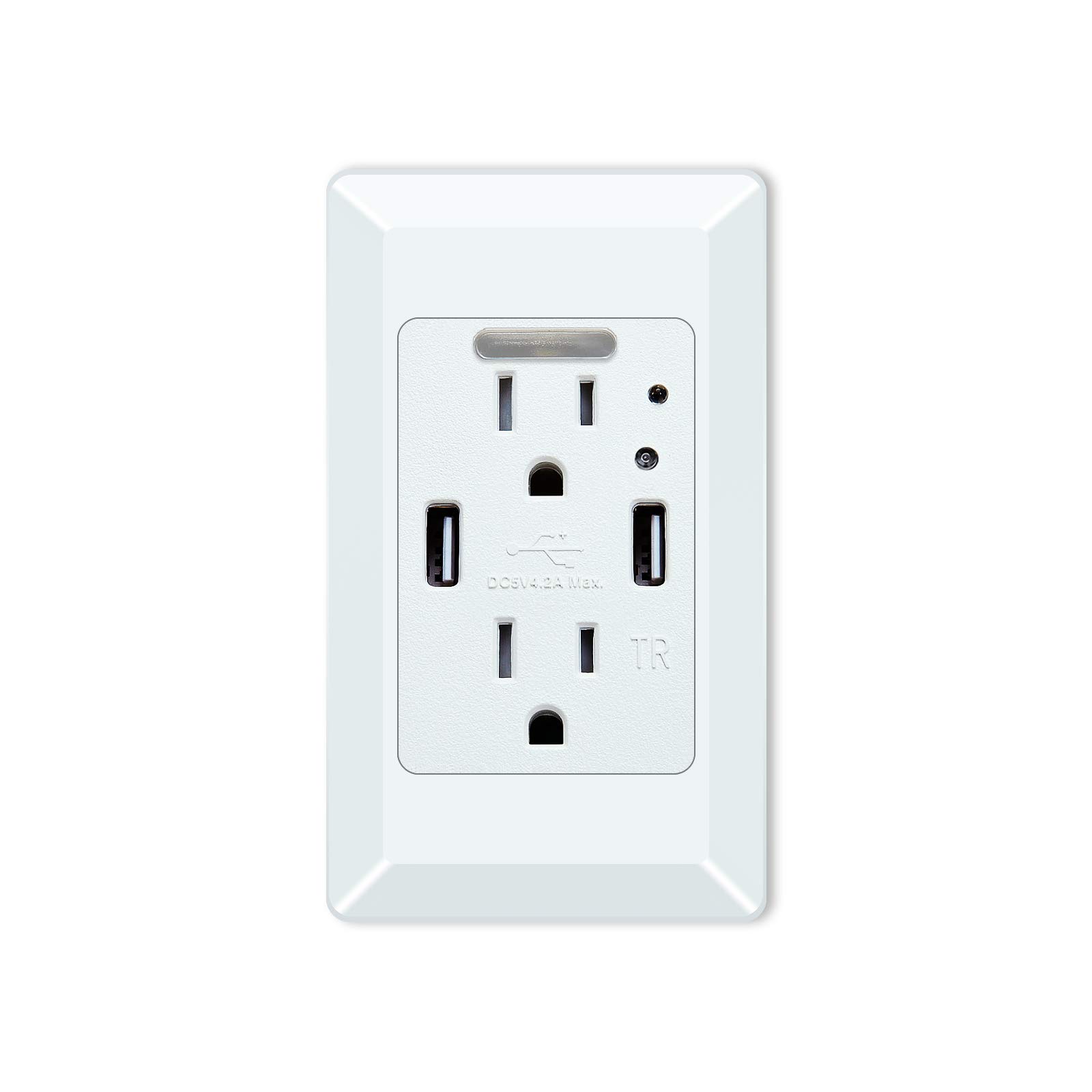 2-Pack USB Wall Outlet with Night Light - 4.2A Dual USB Charging Ports & 2 Tamper-Resistant AC Outlets (15A) - White Electrical Socket with LED Auto Nightlight - Perfect for Bedrooms, Nurseries & Hallways