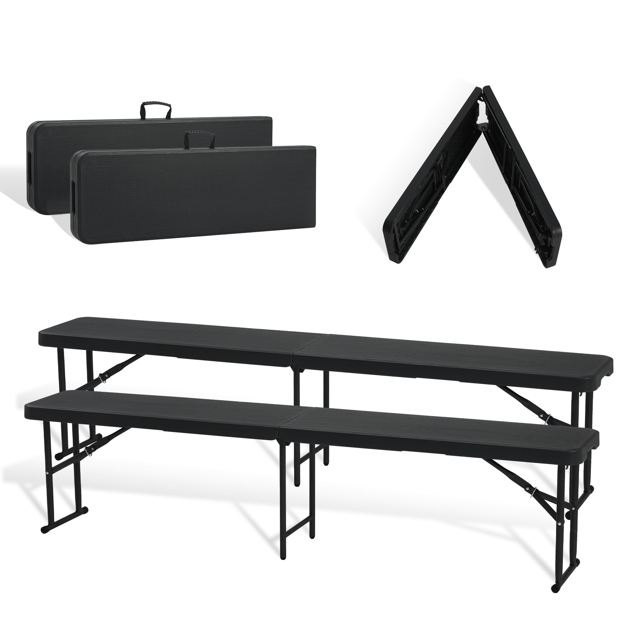 Real Relax 6FT Folding Bench - 2 Pack Portable Camping Bench with Handle & Non-Slip Pad | Waterproof Outdoor Bench for Garden, Picnic, BBQ, Beach, Patio & Indoor Entertaining | Black Wood Grain Design