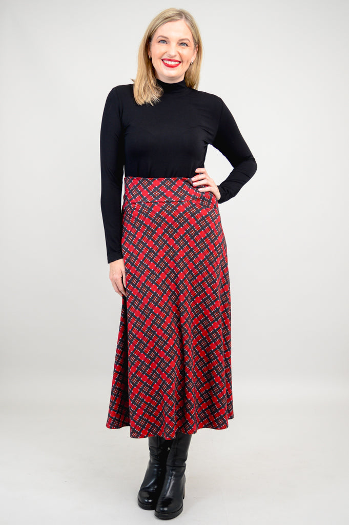 Gillian Skirt - Stylish Cherry Plaid Bamboo Midi Skirt for Women | Perfect for Casual Outings, Office Wear & Summer Fashion