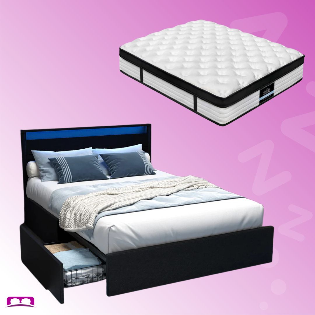 Dunelight LED Bed Frame with Devon Euro Top Medium Firm Mattress - Double Package, Black | Perfect for Modern Bedrooms & Guest Rooms