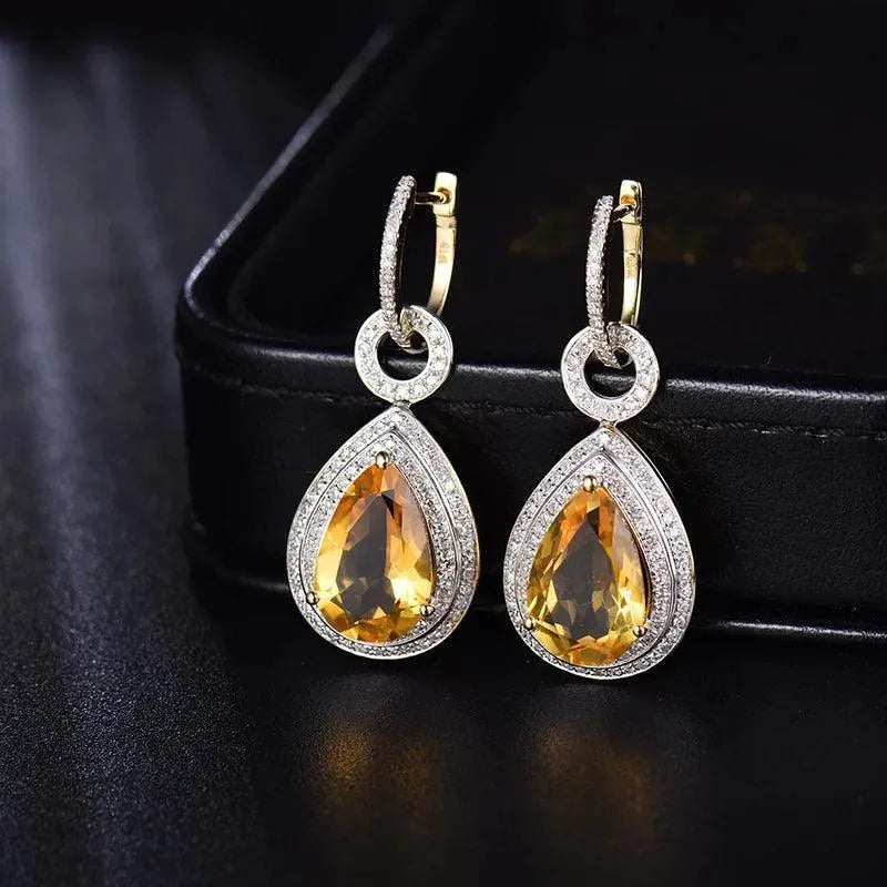 14Kt Yellow Gold Natural Pear Citrine Drop Earrings for Women - 10x14mm Yellow Citrine with Diamonds, Fine Jewelry, OL Style - Perfect for Parties, Weddings & Everyday Elegance