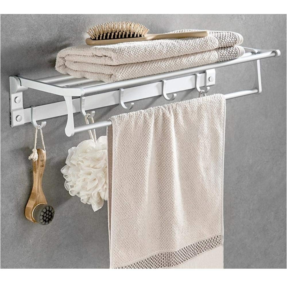 Space-Saving Aluminum Silver Anodized Double Layer Foldable Wall-Mounted Towel Rack with Hooks - 60Cm Bathroom Towel Holder for Home & Hotel Use - Perfect for Small Spaces, Bathroom Organization and Luxury Hotel Storage