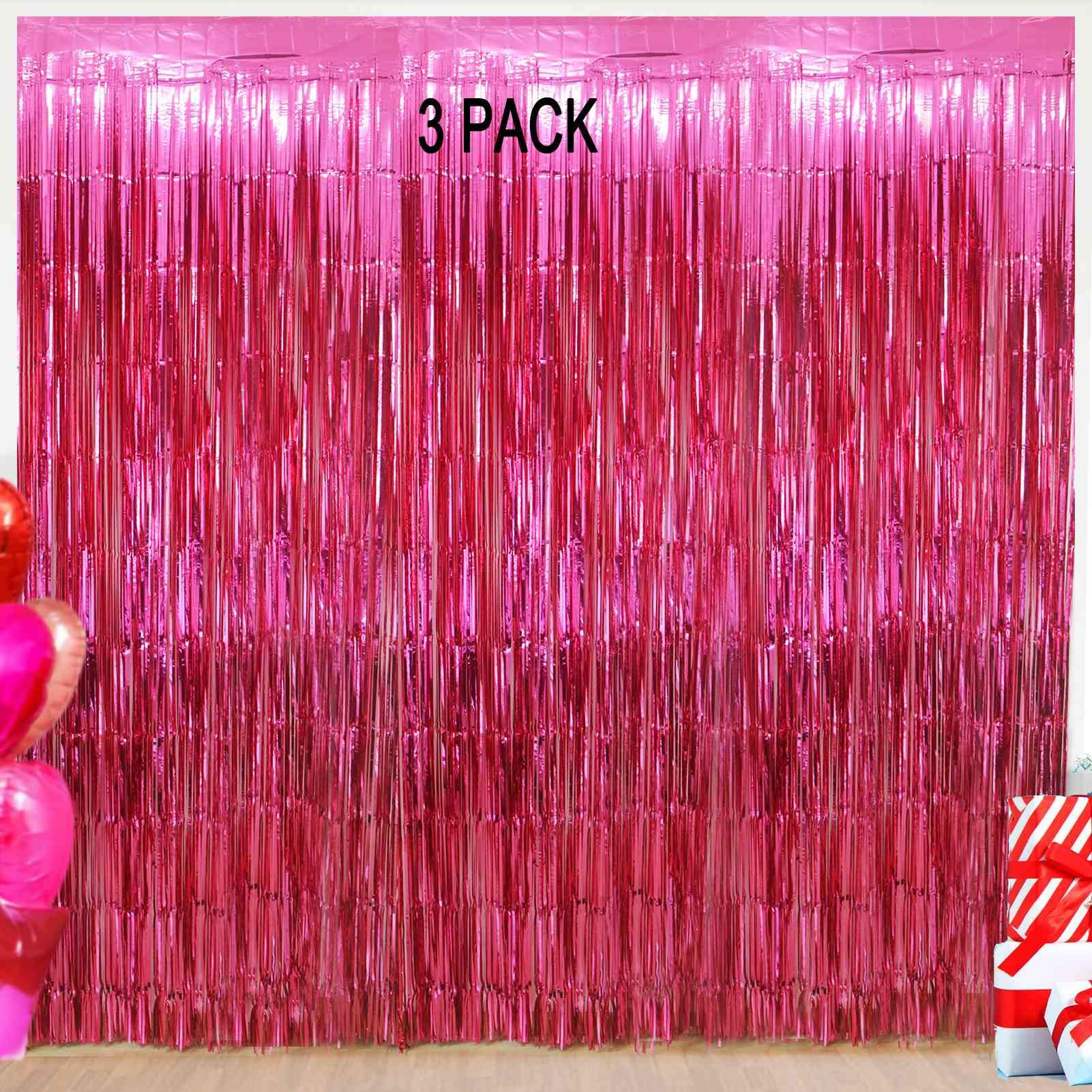 Hot Pink Foil Fringe Curtains - 3 Pack of 3.2x8.2ft Party Backdrop for Birthday, Valentine's Day, Baby Shower & Wedding Decorations | Perfect for Photo Booths, Stage Backgrounds & Event Decor