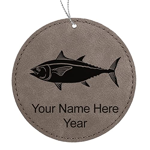 Personalized LaserGram Faux Leather Christmas Ornament - Custom Engraved Tuna Fish Design, Round Gray Holiday Decoration for Tree, Gift & Festive Home Decor