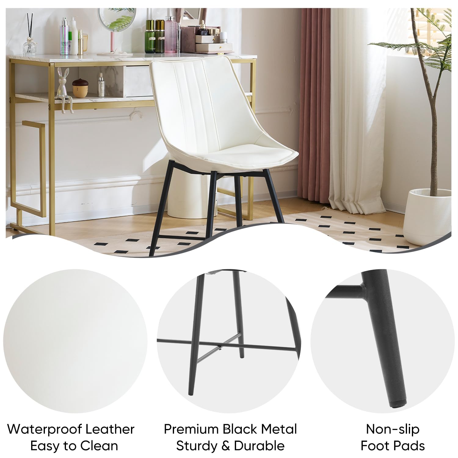 ANOUR PU Leather Dining Chairs Set of 2 - Modern Kitchen & Dining Room Armless Chairs with Metal Legs, Comfortable Upholstered Side Chairs for Home, Restaurant, Office - White (Perfect for Small Spaces & Contemporary Decor)
