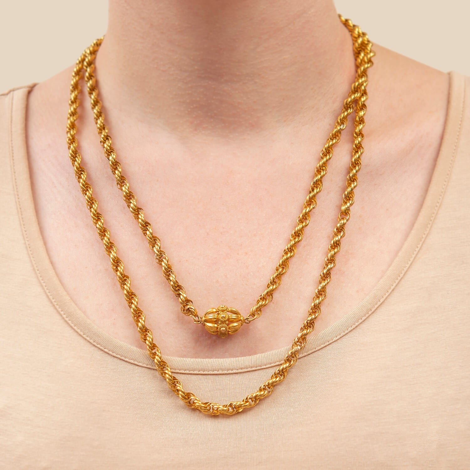 18k Gold Georgian Long Link Chain Necklace with Secure Clasp - 46 Inch Elegant Jewelry for Women, Perfect for Layering, Gift Giving & Special Occasions