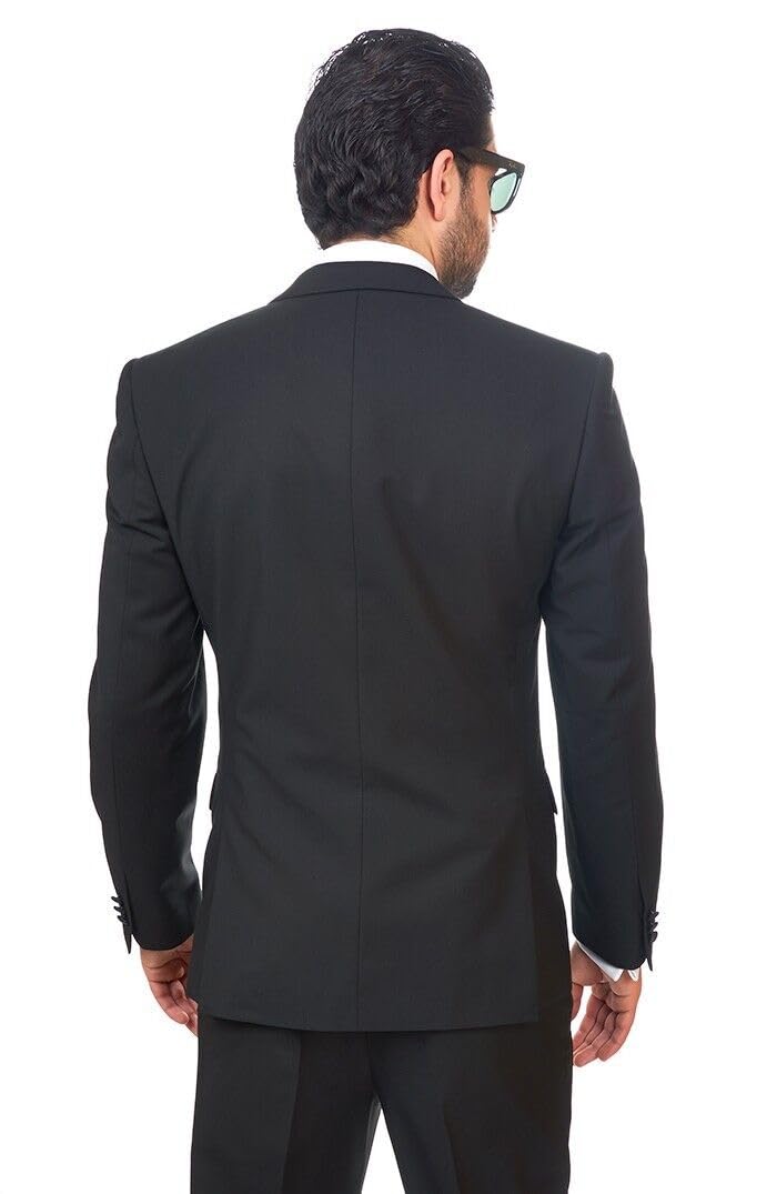AZAR MAN Slim Fit Men's Suit Tuxedo - Black 2 Button Satin Lapel Formal Suit with Flat Front Pants | Perfect for Weddings, Prom, Business Meetings & Special Occasions