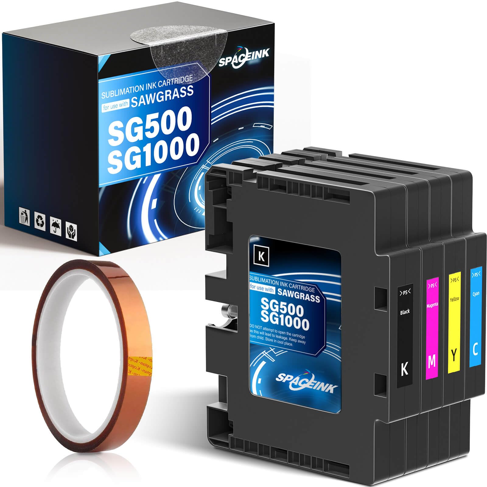 Spaceink Sublimation Ink Cartridge 4-Pack (Black, Cyan, Magenta, Yellow) - Compatible with Sawgrass Virtuoso SG500 & SG1000 Printers - Ideal for T-Shirt, Mug & Phone Case Printing