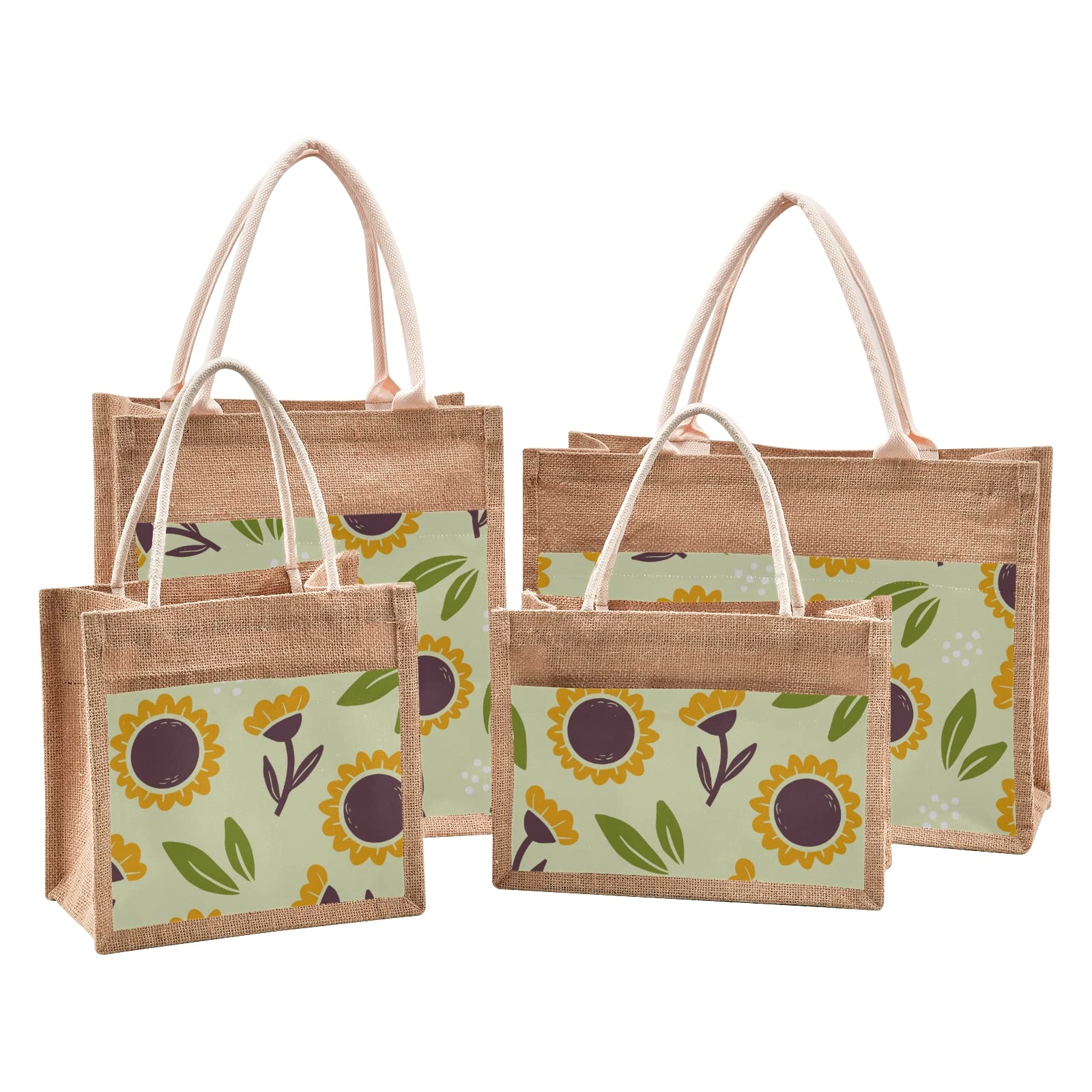 Eco-Friendly Jute Tote Bag with Sunflower Print - Light Green Reusable Shopping Bag for Women - 4 Size Options - Perfect for Beach, Grocery & Farmers Market Use