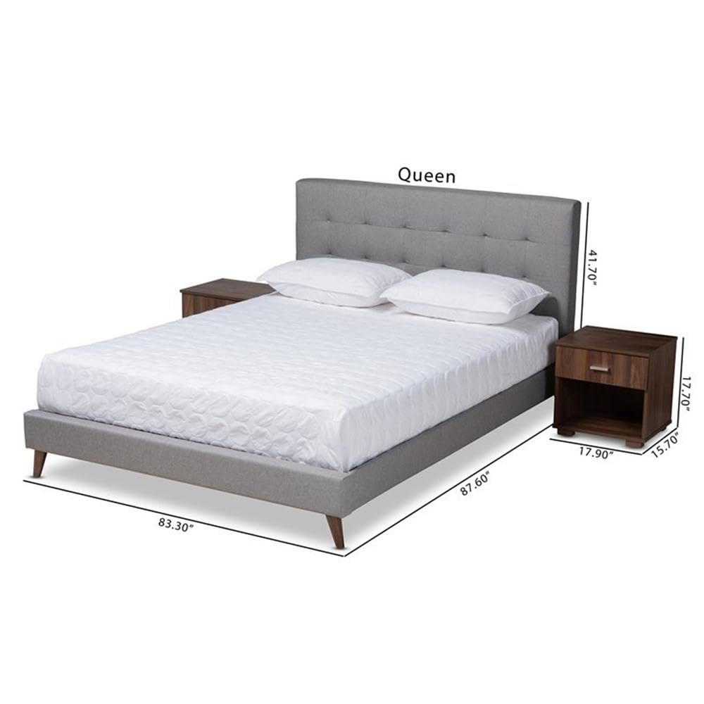 Baxton Studio Queen Size Maren Light Grey Platform Bed with Nightstands - Modern Bedroom Furniture Set for Small Spaces & Guest Rooms
