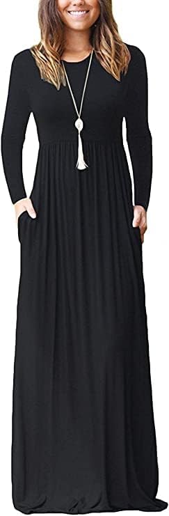 MISFAY Women's Long Sleeve Maxi Dress with Pockets - Loose Fit Casual Plain Dress for Everyday Wear, Beach, Travel & Date Night