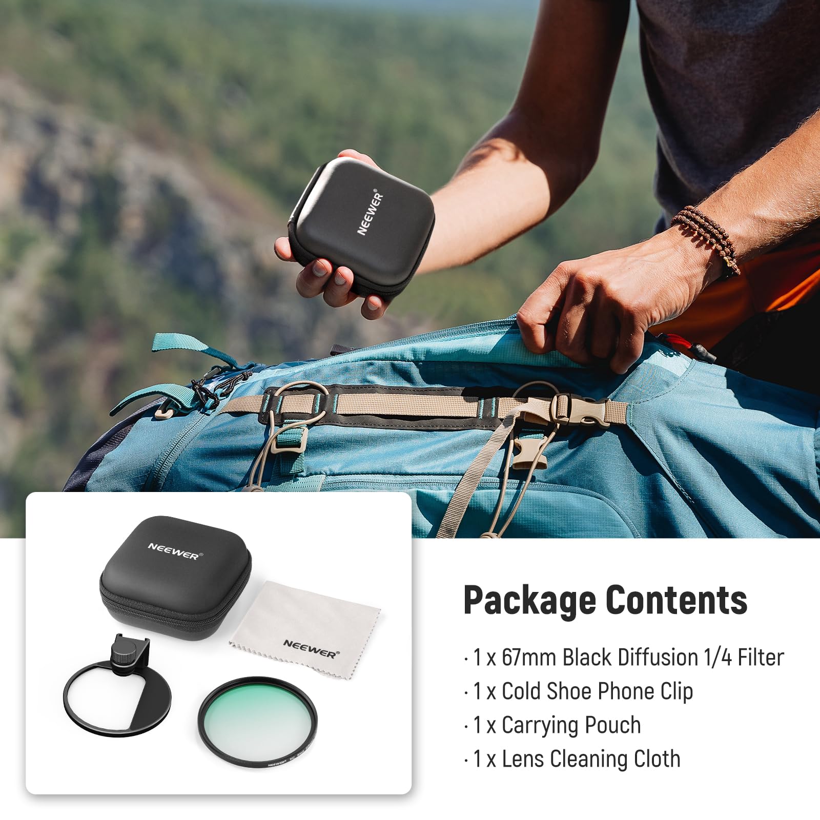 NEEWER 67mm 1/4 Black Diffusion Filter & Cold Shoe Phone Mount with Carrying Pouch & Lens Cloth - Compatible with iPhone 15 Pro Max/14 Pro Max/13 Pro Max & Galaxy S24 - Perfect for Vlogging, Filmmaking & Photography
