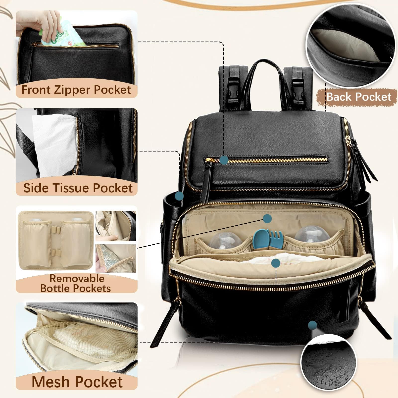 MISS FONG Baby Diaper Backpack - Large Waterproof Travel Changing Bag for Parents with Insulated Bottle Pockets & Stroller Straps - Perfect for Daycare, Outings and Family Travel