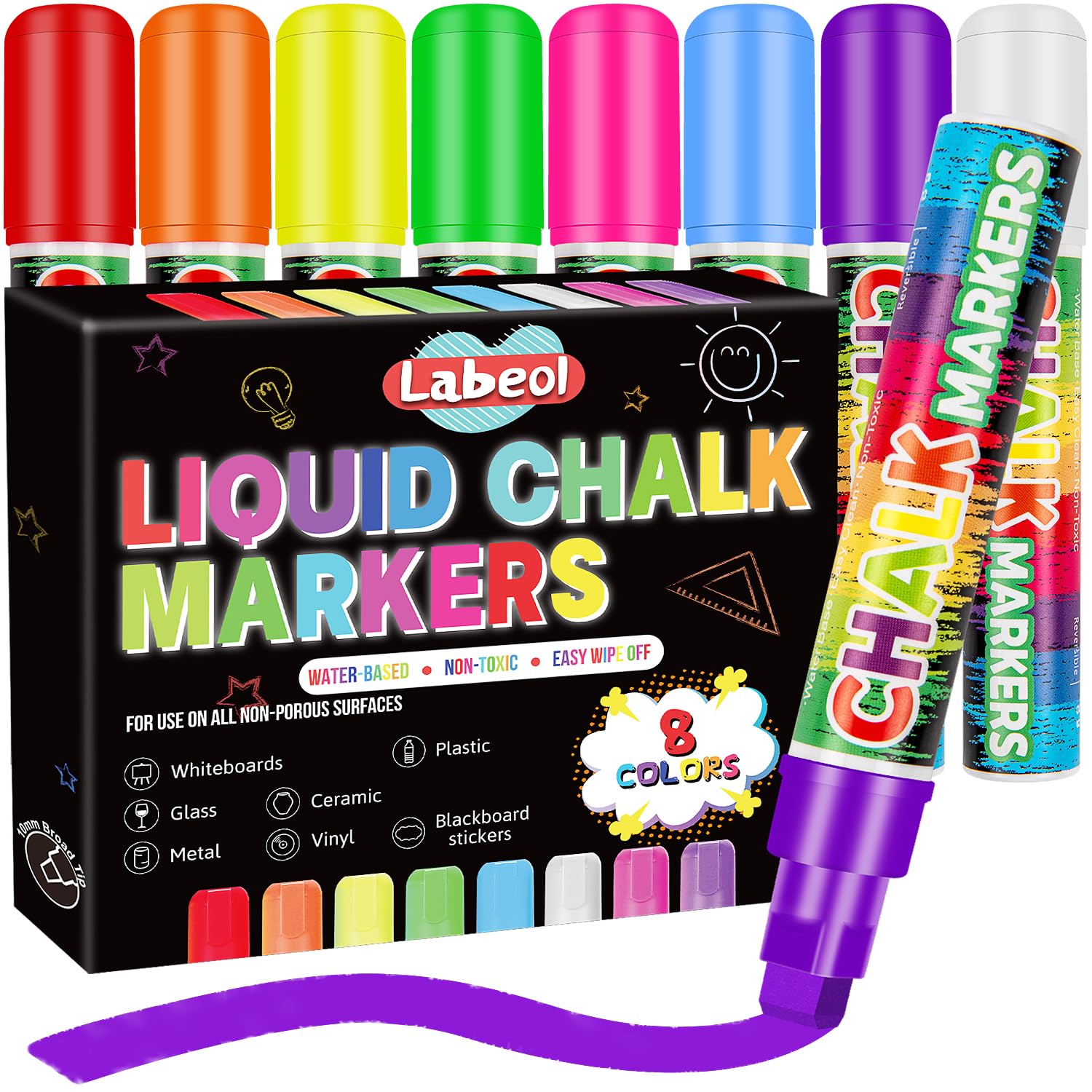 Labeol 8 Colors 10mm Liquid Chalk Markers - 2-in-1 Nib Washable Jumbo Markers for Windows, Cars, Signs, Glass, Whiteboards & Mirrors | Perfect for DIY Projects, Restaurant Menus, Classroom Teaching & Retail Signage