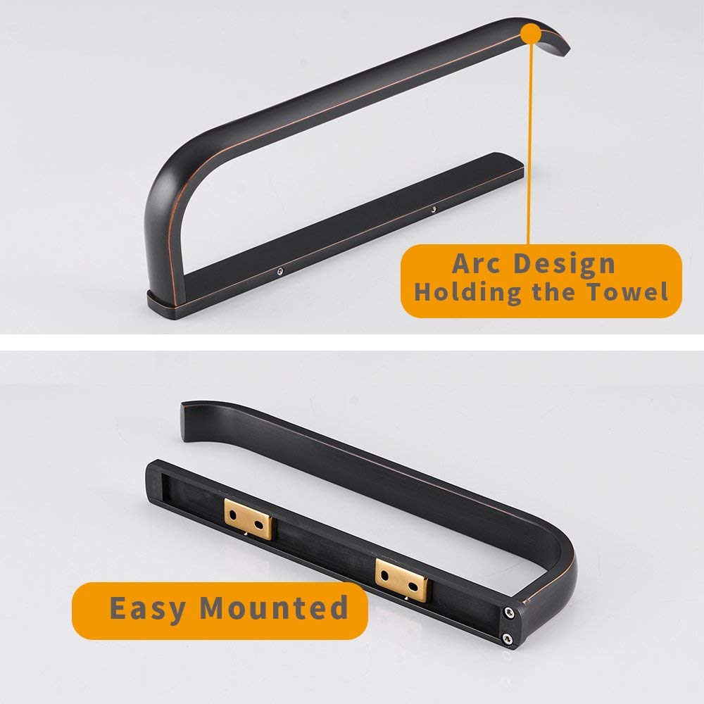 BESy Oil Rubbed Bronze Brass Hand Towel Bar - Foldable Towel Rack with Shelf & Hooks for Bathroom, Kitchen, Spa - Rust-Resistant Bathroom Accessories for Home Decor