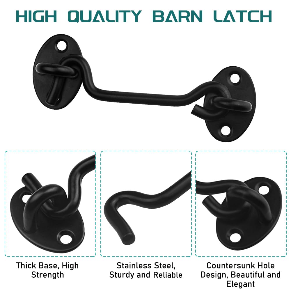 6-Pack Stainless Steel Barn Door Hook and Eye Latch Lock - 4 Inch Heavy Duty Privacy Hooks for Sliding Doors, Cabin Gates, Windows & Bedroom Security - Rustproof Door Hardware for Home, RV and Office Use