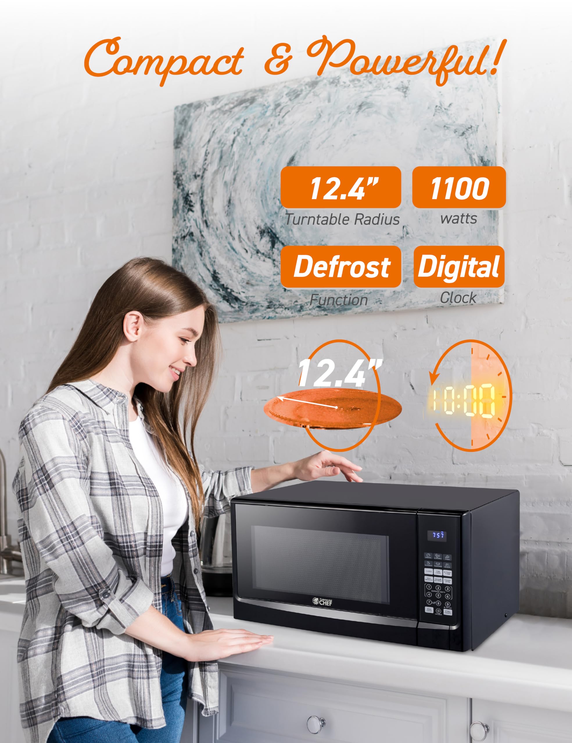 Commercial Chef 1.4 Cu Ft Countertop Microwave - 1100W with 10 Power Levels & Digital Control Panel, Push Button Operation, Timer Function - Perfect for Small Kitchens, Dorms, Offices & Home Use (Black)