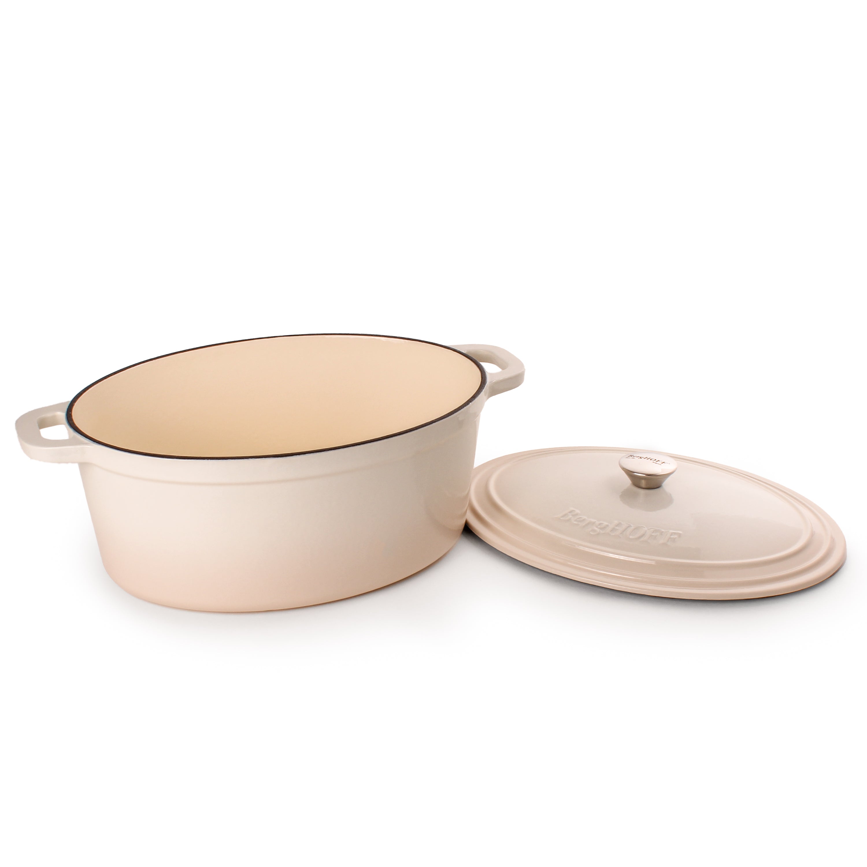BergHOFF Neo 5-Piece Cast Iron Oval Dutch Oven Set with 10-Inch Fry Pan, 5qt & 8qt Capacity, Meringue Color - Perfect for Braising, Roasting, and Family Dinners