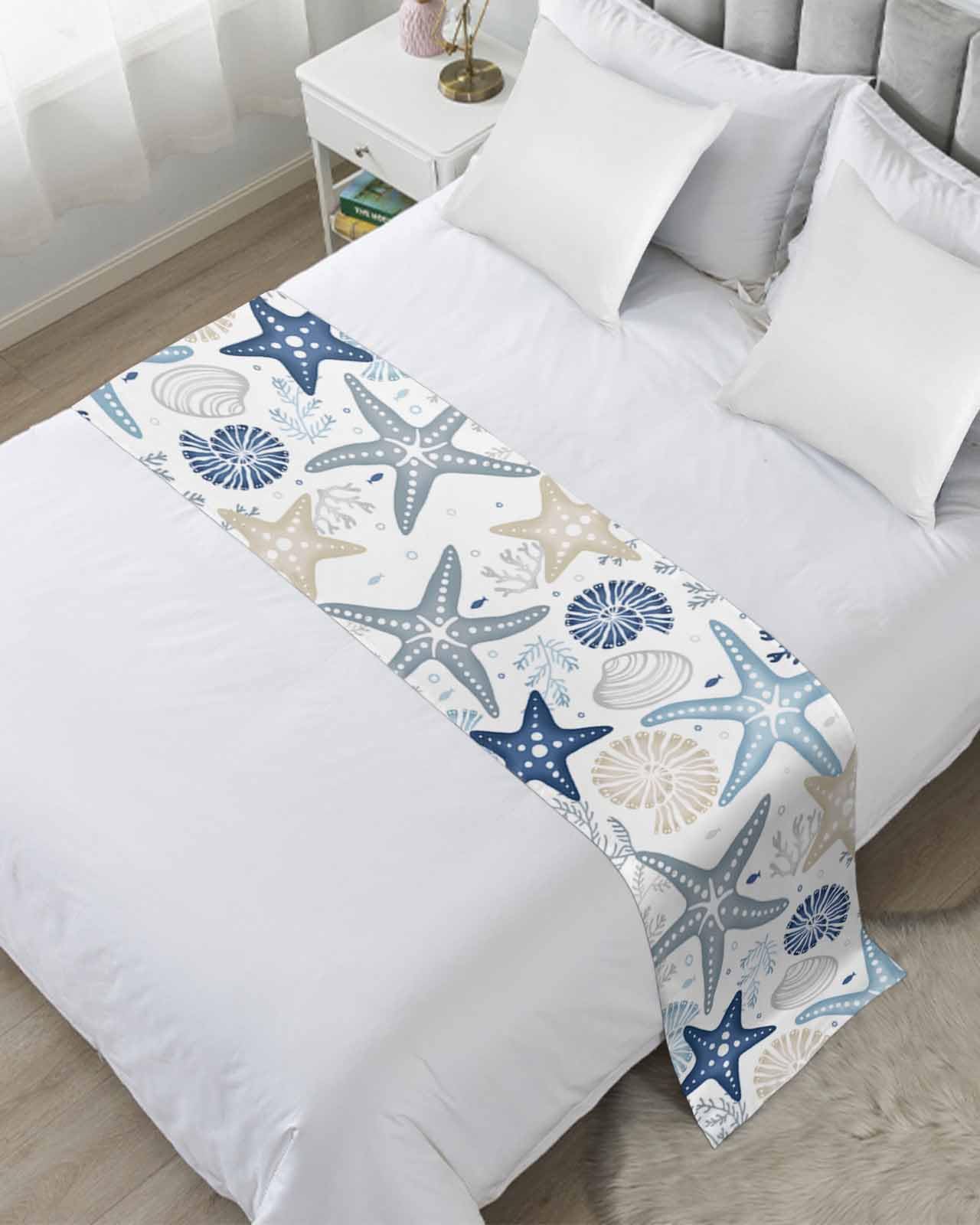 Blue Khaki Coral Bed Runner for Full/Queen Size Bed - Soft Bedspread Protector Slipcover & Decorative Bed Scarf - Coastal Nautical Beach Theme (83x20 Inches) - Perfect for Spring/Summer Bedroom Decor, Hotels, and Beach House Styling