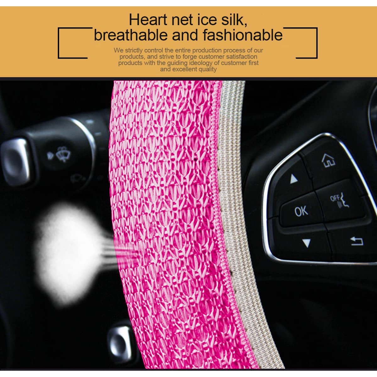 Premium Microfiber Ice Silk Steering Wheel Cover - Anti-Slip, Temperature Control (Warm in Winter & Cool in Summer) - Universal 15 Inch Fit for SUVs, Sedans, Trucks & Vans - Ideal for Commuting, Road Trips & Daily Driving (Pink)