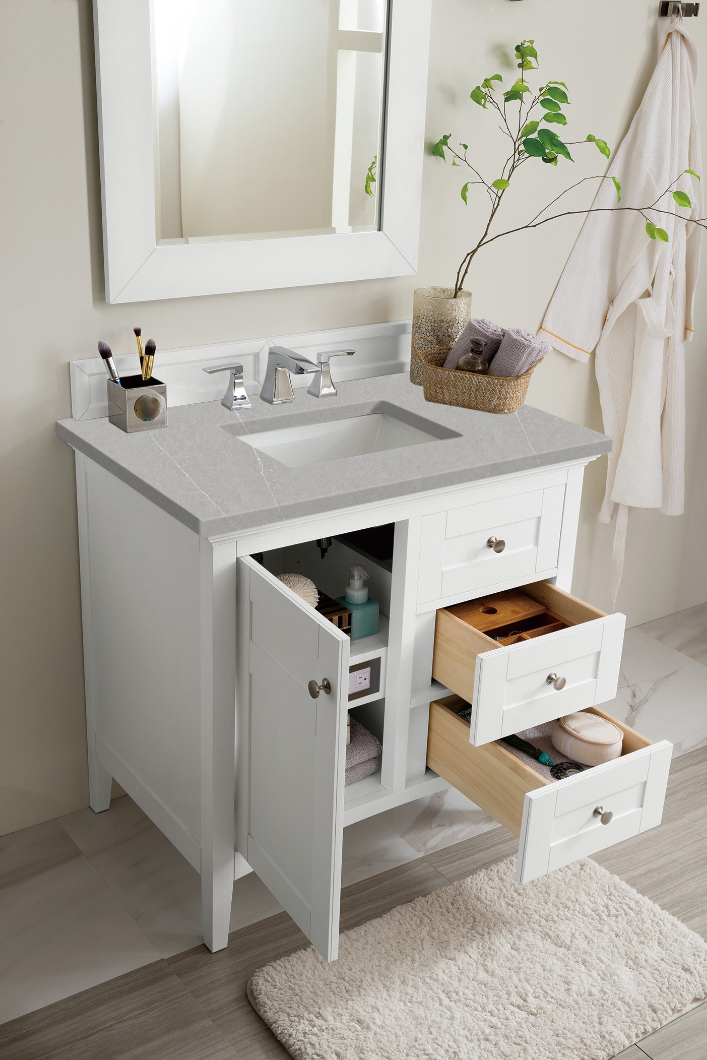 Palisades 36 Inch Single Bathroom Vanity Set with 3CM Eternal Serena Quartz Top in Bright White - Perfect for Modern Bathroom Remodeling and Small Space Design